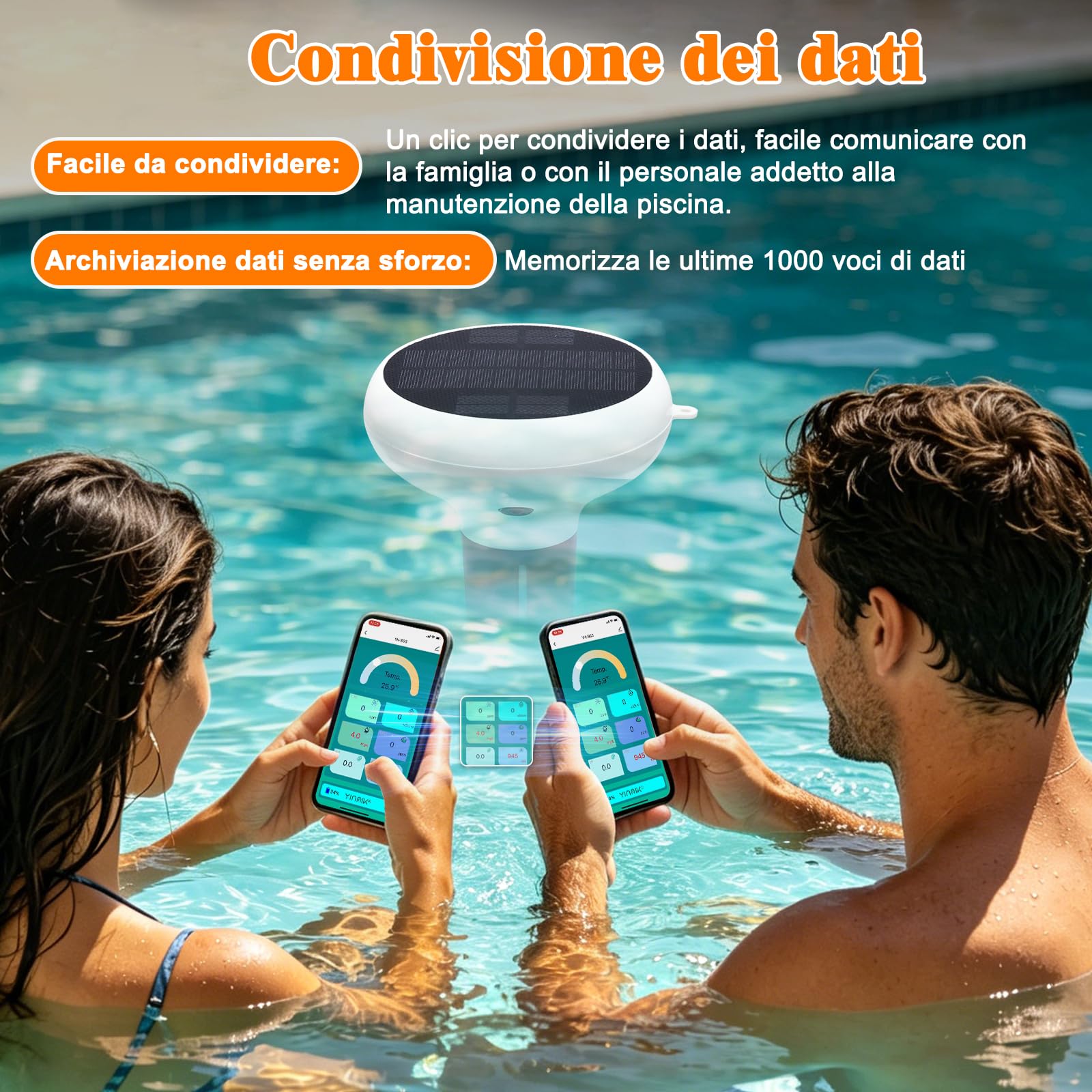 Monitor wifi per pH sale cloro della piscina, Intelligente tester 7 in 1 | Alimentazione solare; galleggiante, completamente impermeabile, app Tuya, istruzioni in inglese, video tutorial in francese