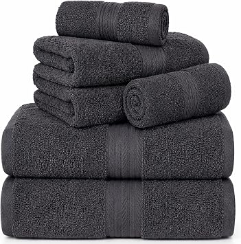 Ample Decor 100% Cotton Bathroom Towel Set, 600 GSM, Soft & Absorbent, 6 Piece Set (2 Bath Towels, 2 Hand Towels, 2 Washcloths), Gray
