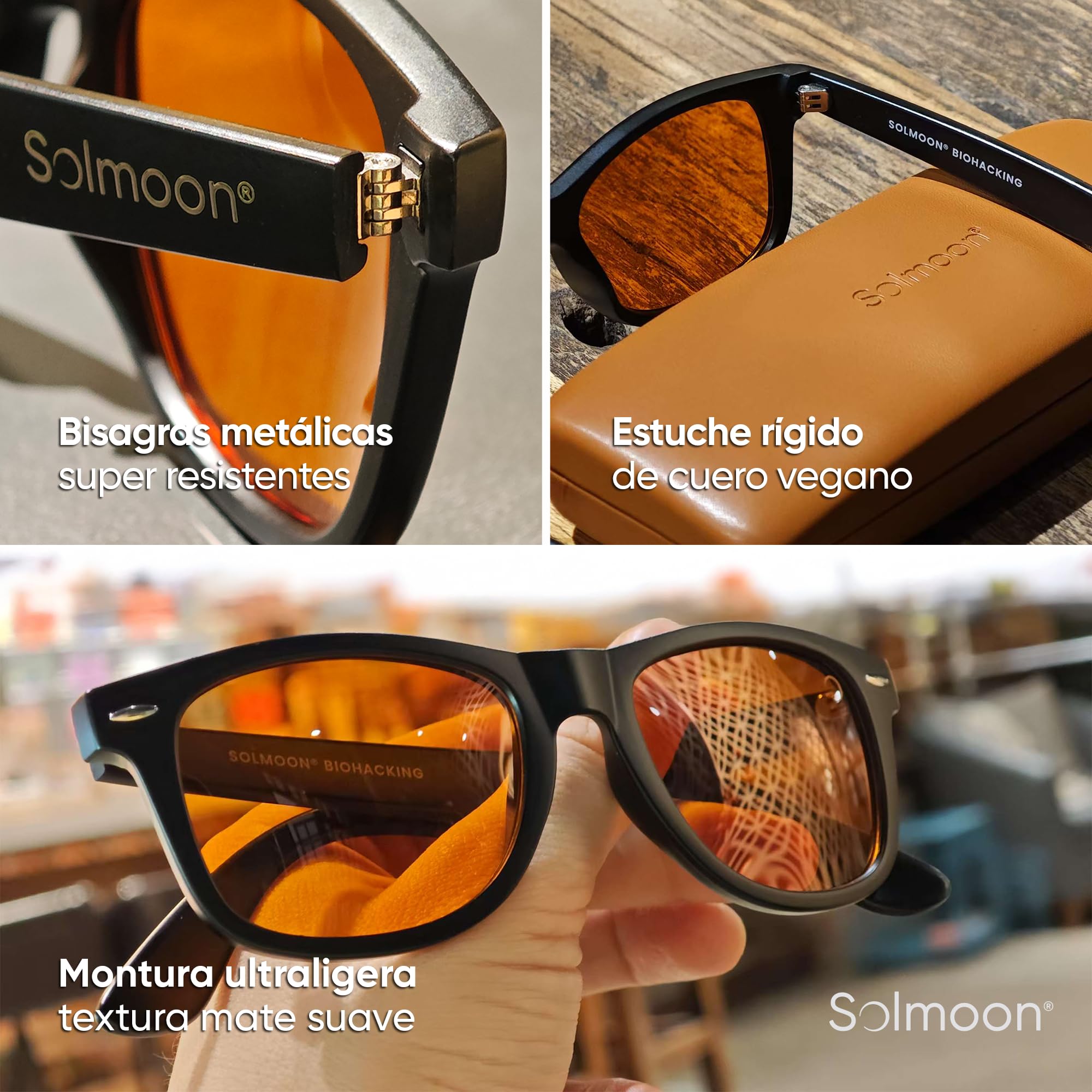Solmoon Gafas Luz Azul Naranja Tarde y Noche – Lentes Tritan BPA Free – 0 Luz Azul para Pantallas, Gaming, Atardecer y Paseo Nocturno – Circalens™ – Estuche Bio Mushroom Leather