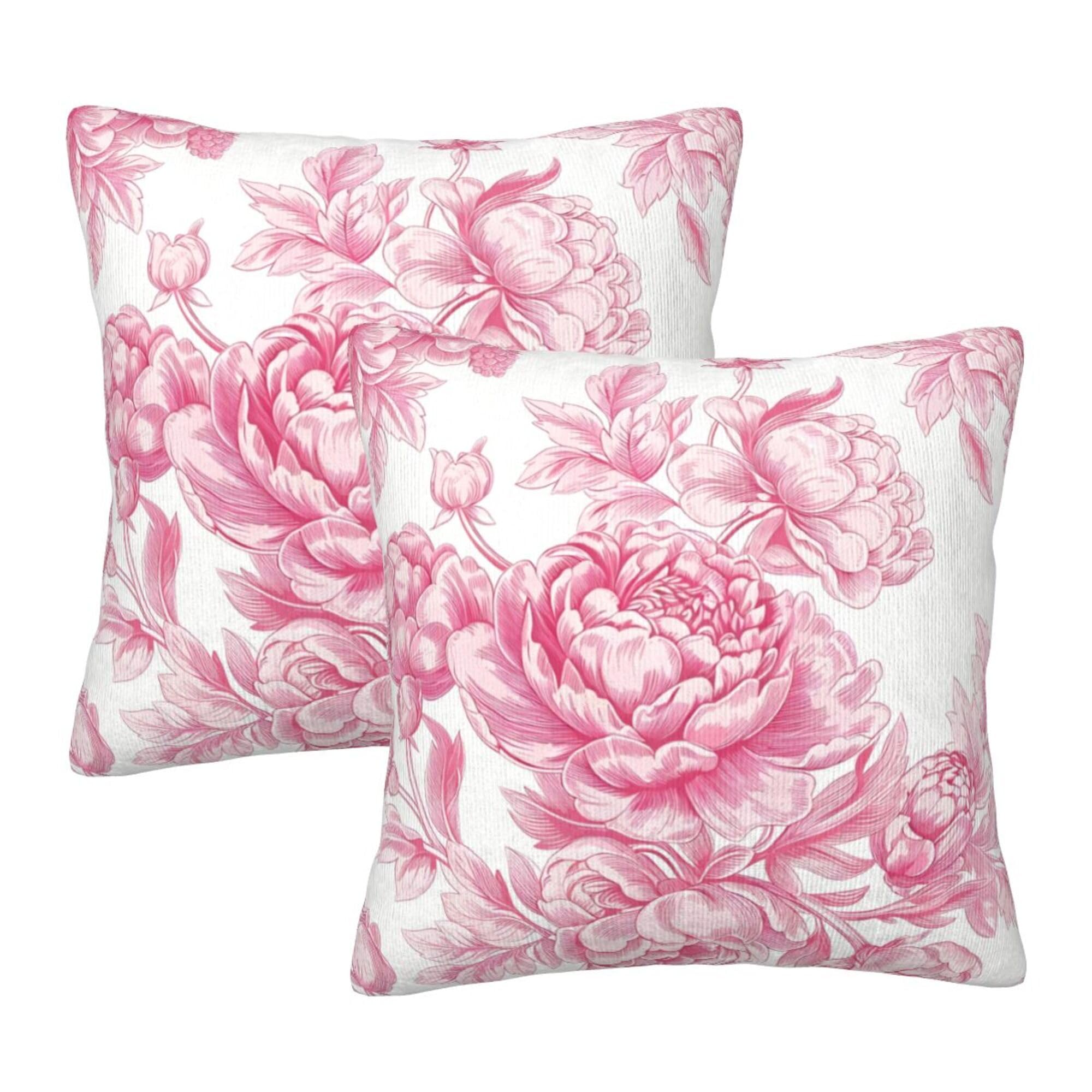 HOSTECCO Peony Floral Cushion Covers 45x45 cm Velvet Set of 2, Pink Flower Scatter Cushion Cases, Luxury Decorative Accent Pillows for Bed Sofa Couch, Romantic French Country Home Styling