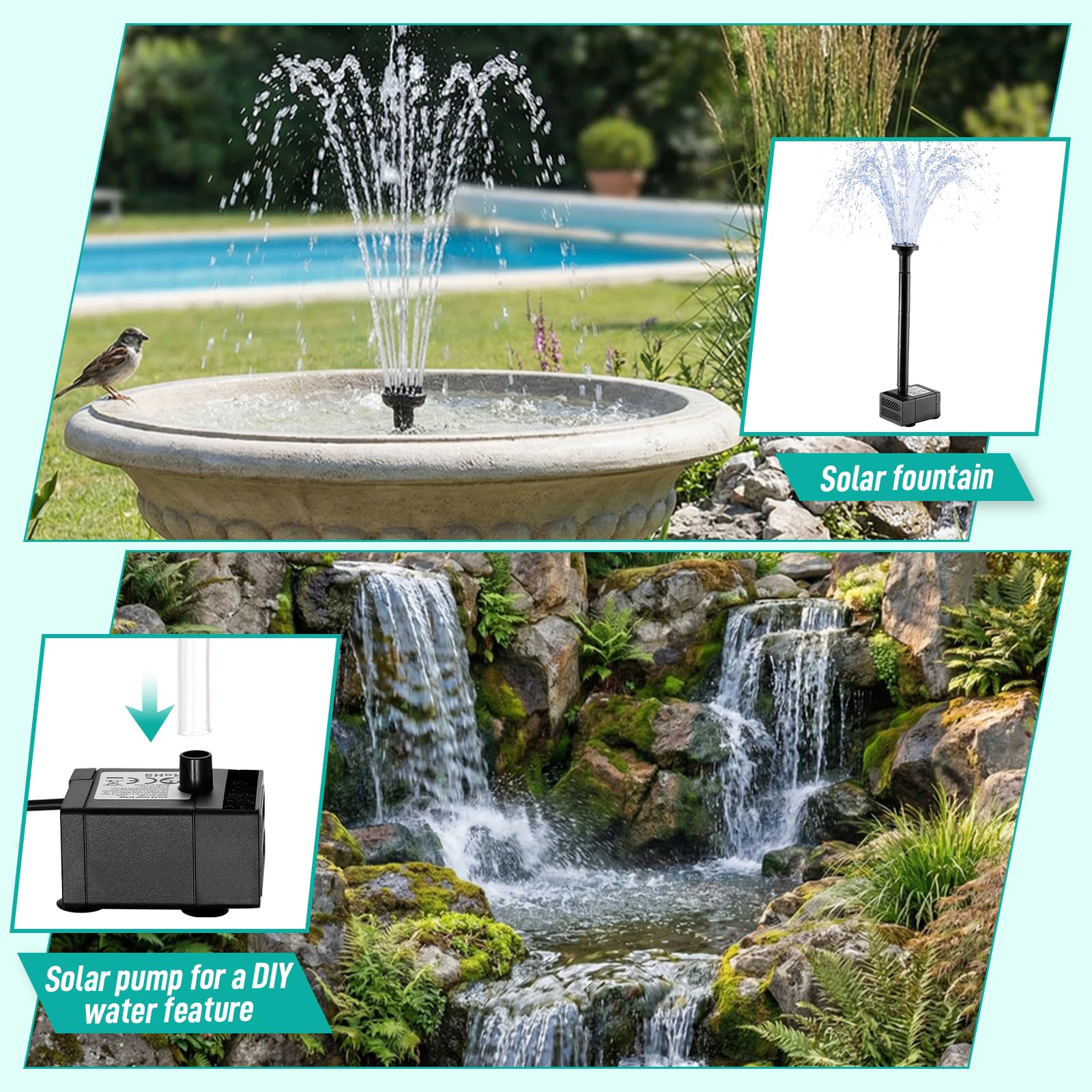 Clevich Solar Teichpumpe 6,5W, Solar Springbrunnen mit Filter, mit 1M Schlauch, 9 Düsen, 3,25M Kabellänge, DIY Brunnen, für Fischteiche, Kleine Teiche, Wasserfälle, Blumentöpfe, Dekorationsbrunnen