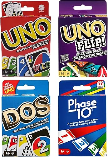 Mattel Paquete variado de juego de cartas familiar, paquete de 4 juegos de cartas, Uno, Dos, Uno Flip y Phase 10, paquete de tarjetas de noche de