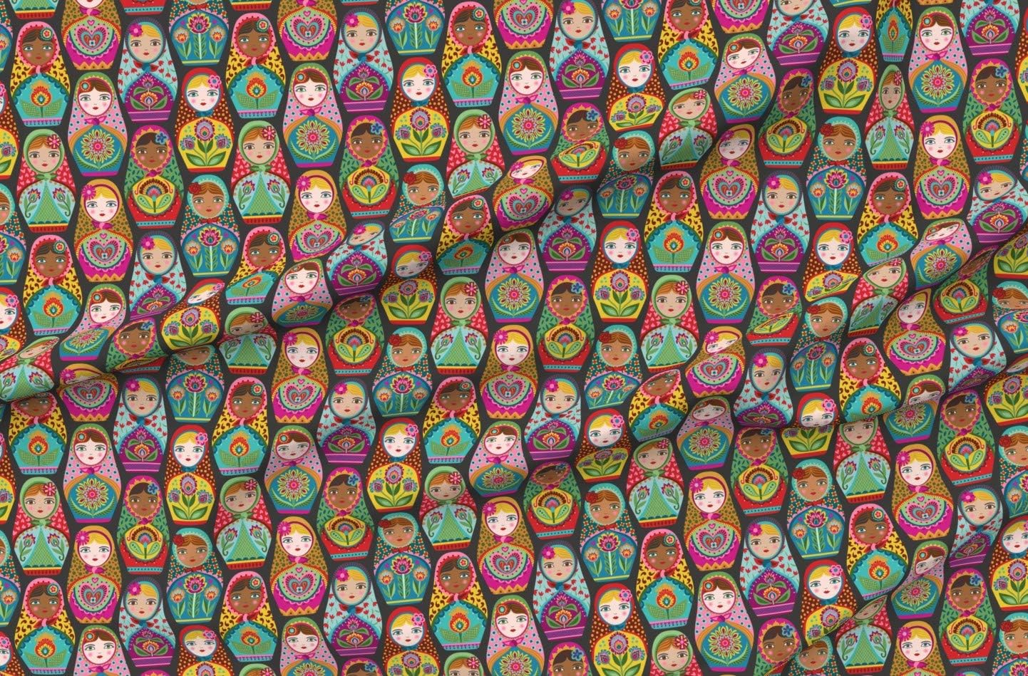 Spoonflower Fabric - Nesting Doll Folk Russian Sisterhood Women Printed on Organic Cotton Sateen Fabric by The Yard - Sewing Quilting Apparel Home Decor