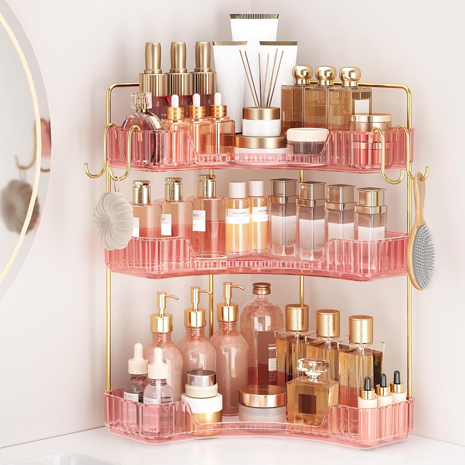 Corner Bathroom Counter Organizer 3-Tier Bathroom Organizer Countertop with Hooks Perfume Organizers Storage Shelf for Makeup & Skincare Dresser-Pink
