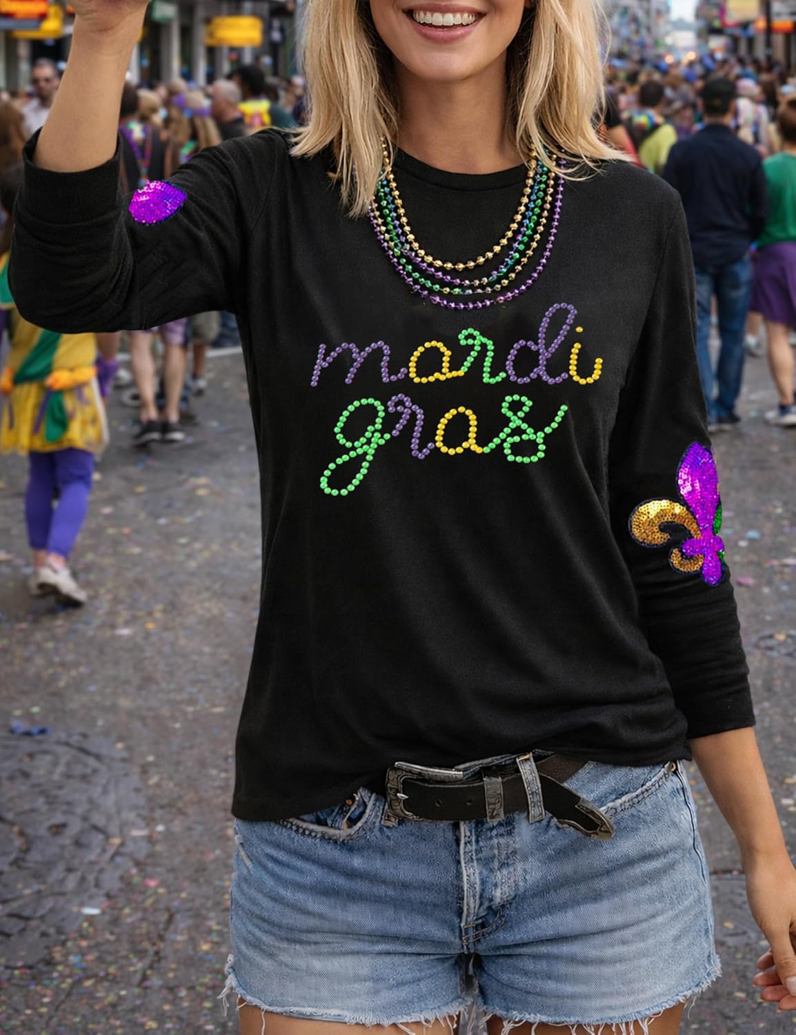 Mardi Shirt for Women Glitter Mask Graphic Carnival New Orleans Party T-Shirt Long Sleeve Tee Top - Image 3