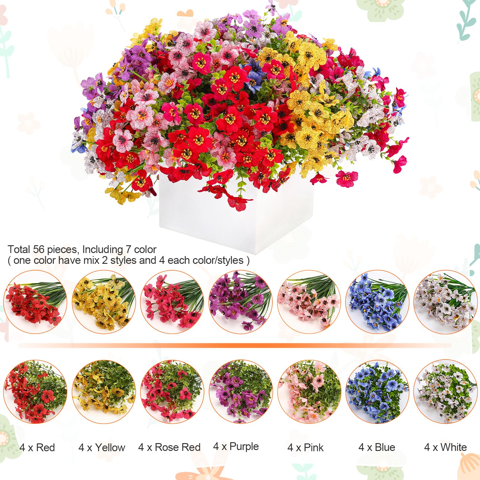 56 Bündel künstliche Pflanzen Blumen für draußen Frühling Sommer Dekoration, künstliche Kunststoffblumen Seide bunte Gänseblümchen realistische hängende Pflanzgefäße Garten Veranda Fenster