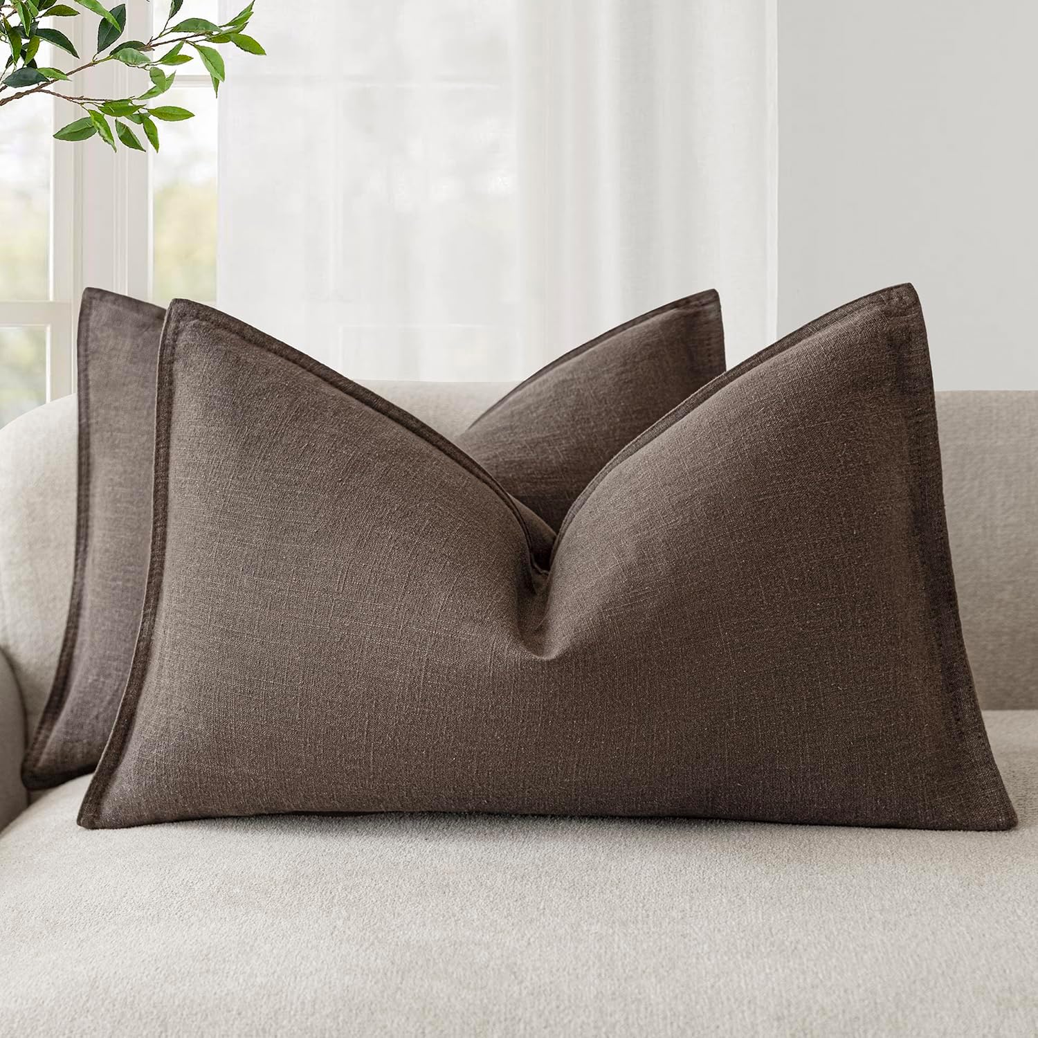 Foindtower Pack of 2, Decorative Linen Soild Throw Pillow Covers Soft Accent Cushion Case Boho Farmhouse Neutral Pillowcase for Couch Sofa Bedroom Living Room Home Decor 12 x 20 Inch Reddish Brown
