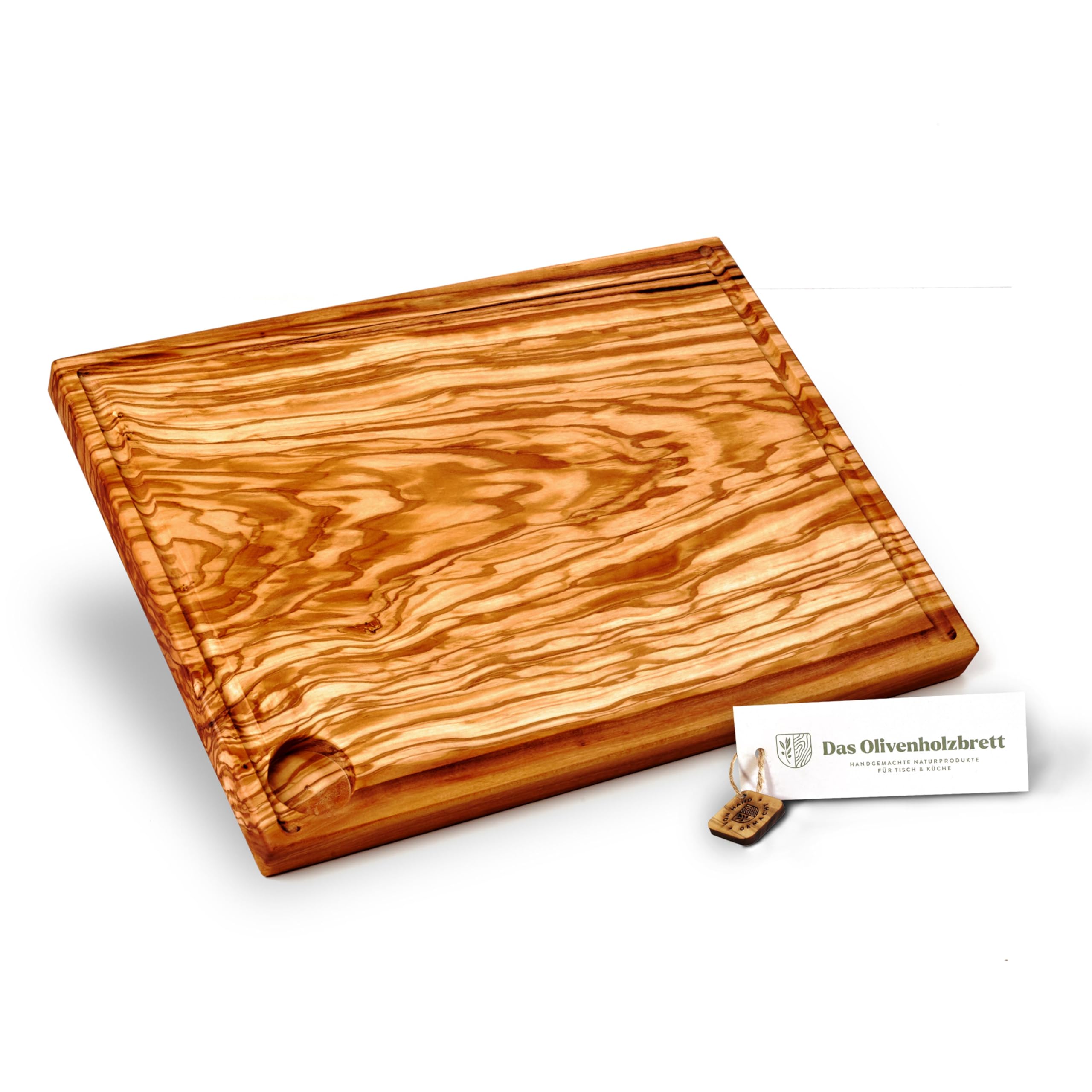 DAS OLIVENHOLZBRETT® Olive Wood Chopping Board with Juice Groove, Olive Wood Carving Board, Large Barbecue Board, Rectangular, Approx. 35 cm x 25 cm x 2 cm