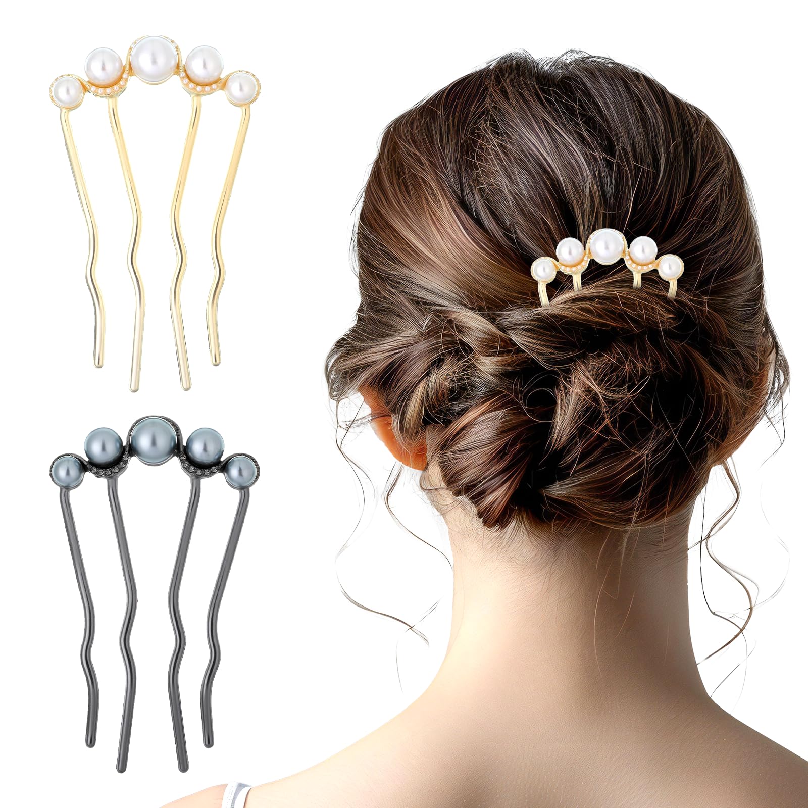2 Pcs Pearl Hair Pins for Buns, Metal U Shaped Hair Fork Vintage French Twist Hair Side Combs for Women Girls Hair Styling Accessories for Wedding Party Holiday Daily