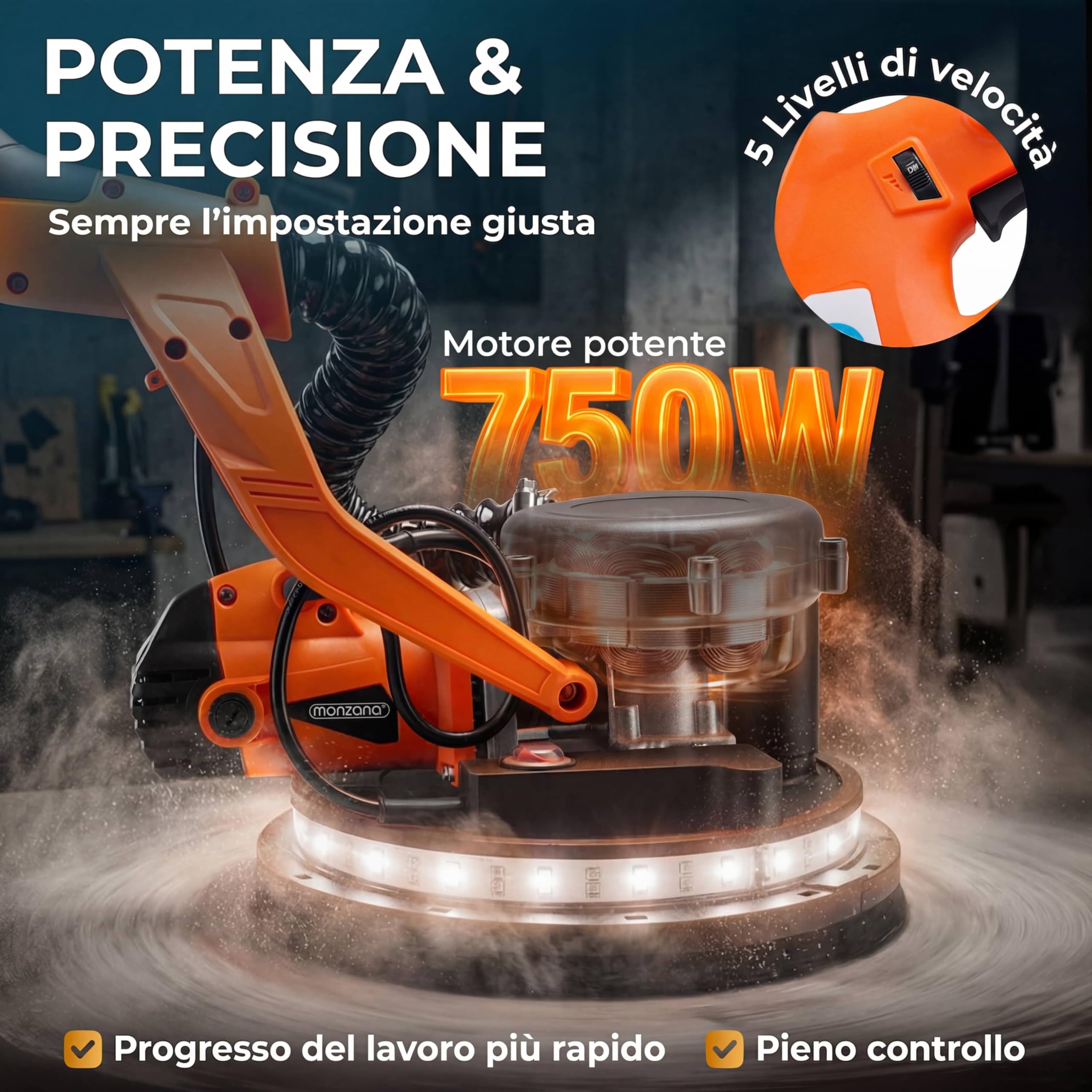 MONZANA® Levigatrice Muro 750Watt Telescopica Cartongesso Giraffa Levigatura Professionale Pareti 12 Dischi Abrasivi Carteggiatrice Soffitti Orbitale