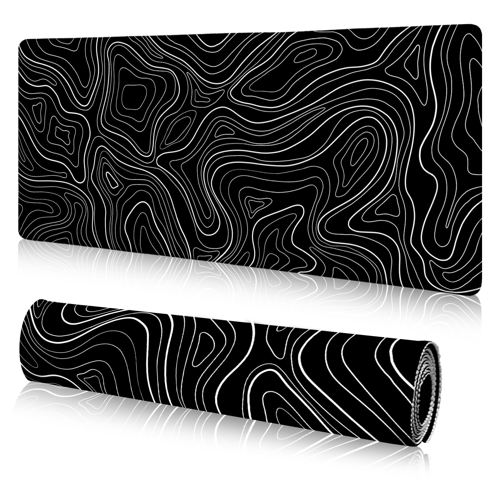 Minimalist Topographic Map Mouse Pad, Big Desk Mat, Contour Extended Stitch Edge, Black Large Gaming Mouse Pads, Non-Slip, Office Desk Accessories 31.5x11.8 in — image 1