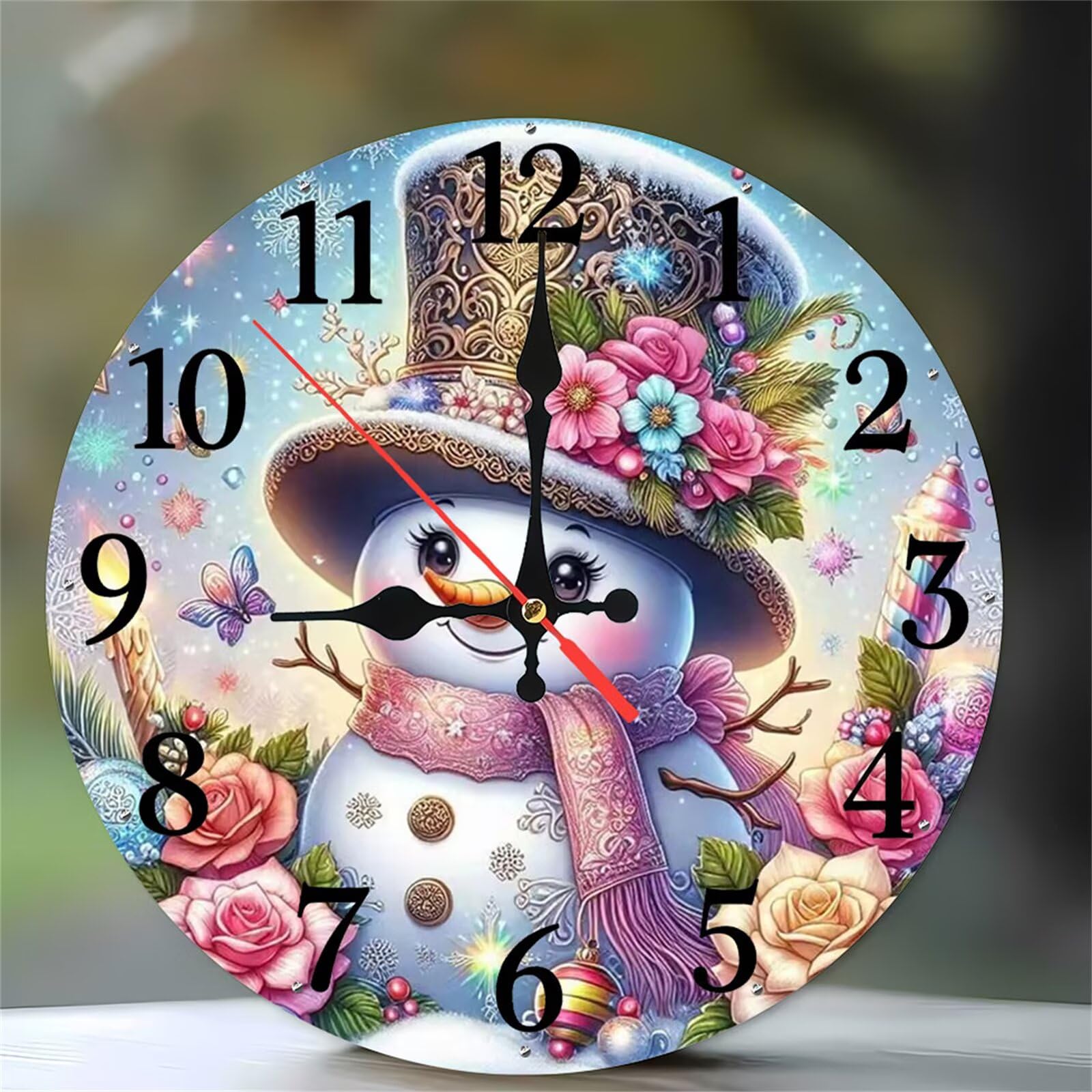 Horloge murale silencieuse 30 cm Bonhomme de neige rose quartz
