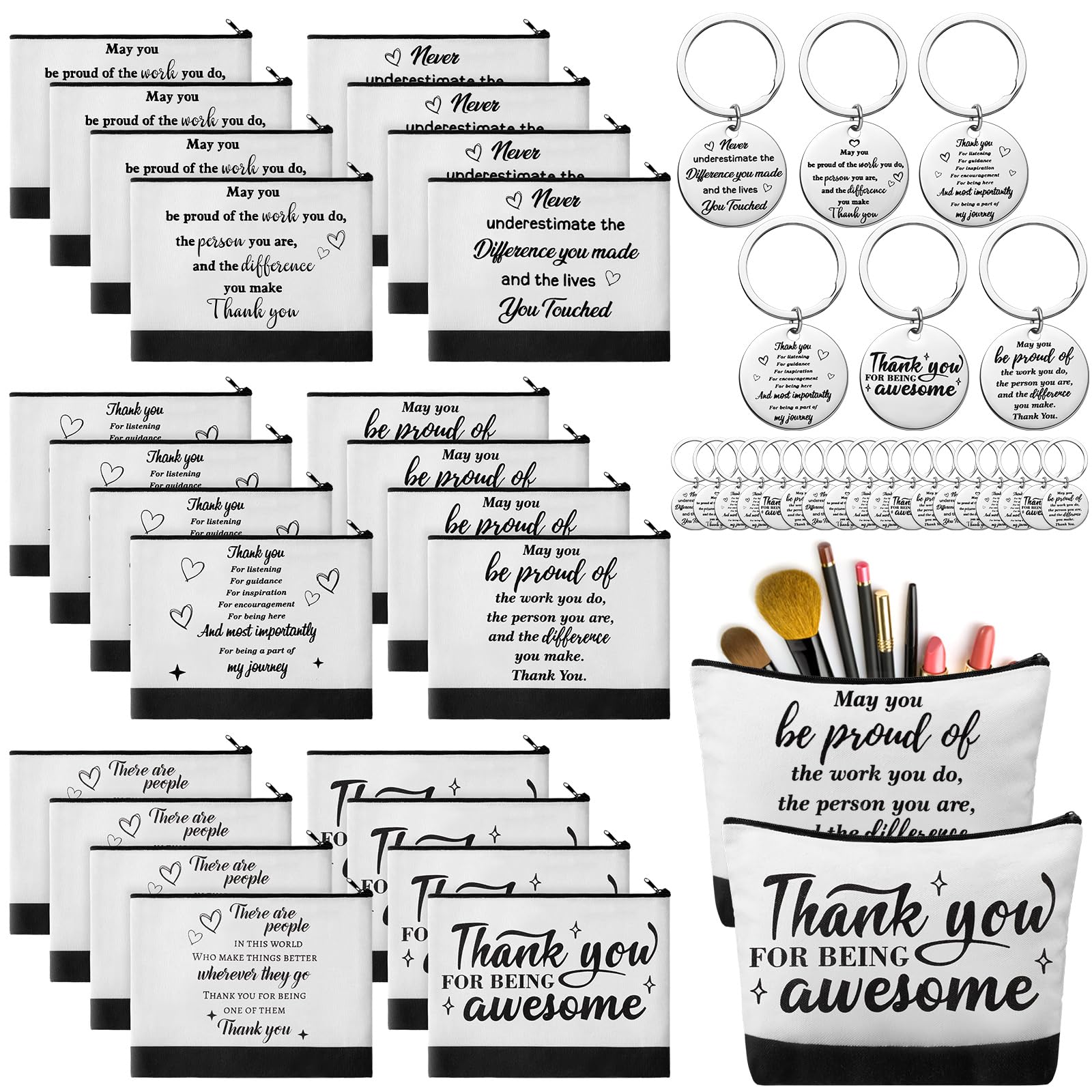 Panelee 48 Pcs Inspirational Gifts Makeup Bags Bulk Cosmetic Bags and Keychains for Women Employee Appreciation Thank You Gift for Employee Coworker