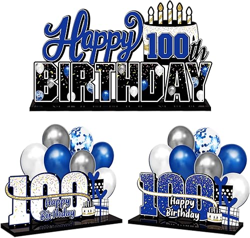 Miniatura 1 de Juego de centros de mesa de acrílico azul con texto en inglés Happy 100th Birthday  Decoración de regalo de fiesta de cumpleaños número 100