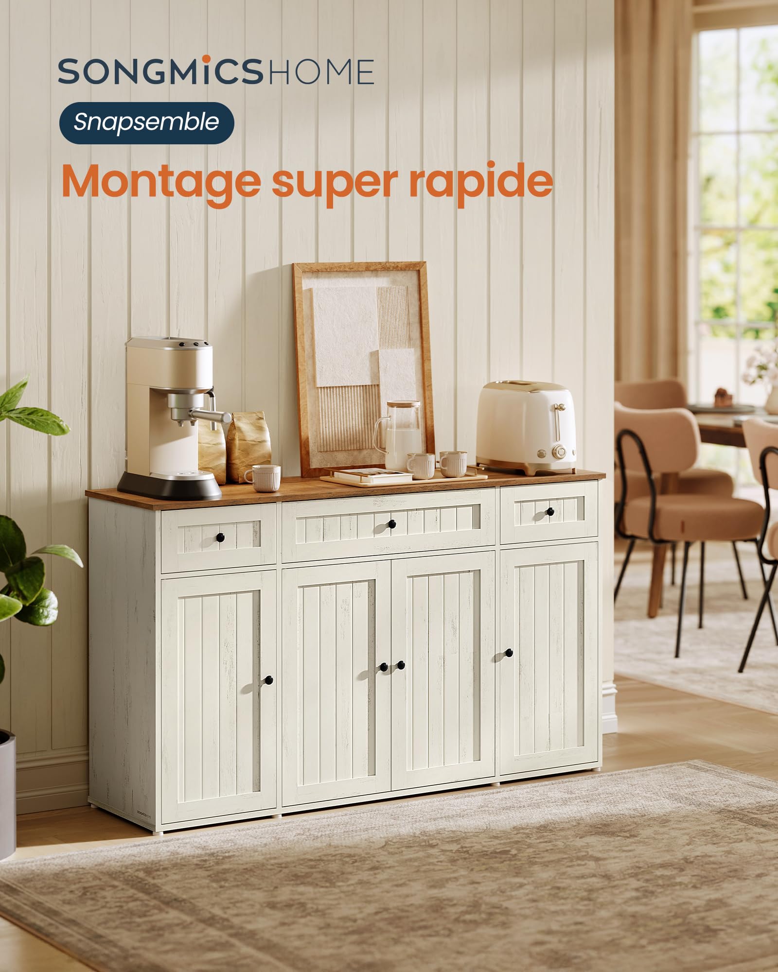 SONGMICS HOME Buffet, Assemblage Ultra-Rapide sans Outils Toolless, Meuble de Rangement de Cuisine avec Plan de Travail, Étagères Réglables, Blanc Rustique et Marron Miel BBK376WJ02