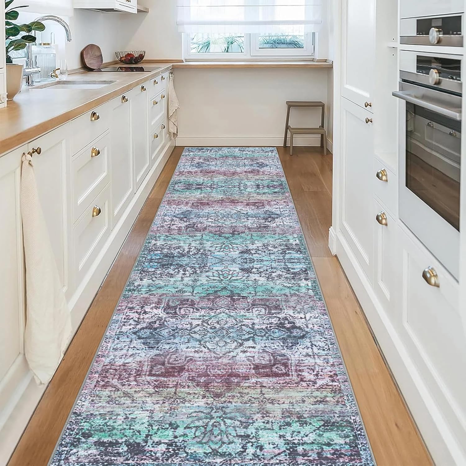 2x8 Kitchen Runner Rug - Hallway Runner Rugs Washable Non Slip Runners, Vintage Non Skid Throw Long Hallways Runner Rugs with Rubber Backing Carpet for Living Rooom Bedroom G- Green/ Ivory 2'x8'