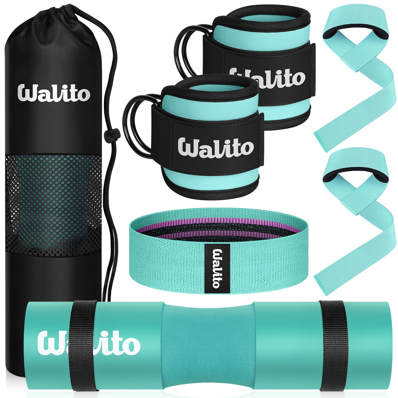 WALITO 8Pcs Barbell Pad Set for Hip Thrust - Squat Pad,Gym Accessories for Women with Bar Bad,Bench Press, with Gym Ankle Straps,Resistance Bands for Working Out,Lifting Strap,Carry Bag