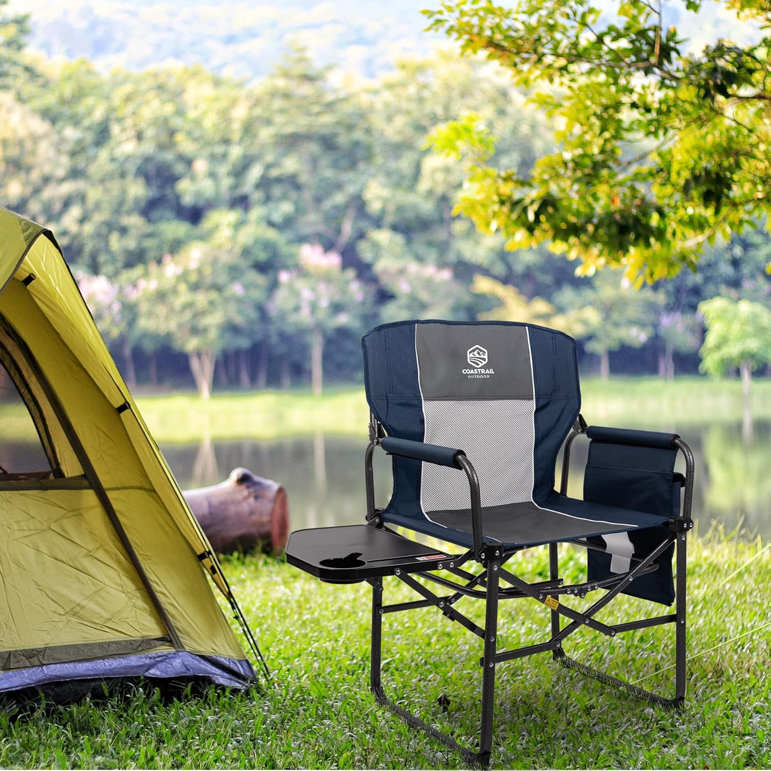 Coastrail Outdoor Extra Compact Folding Directors Camping Chair with Breathable Mesh Back, Large Side Table with Cup & Phone Holder, Storage Pockets and Handle, Bonus Carry Bag : Sports & Outdoors
