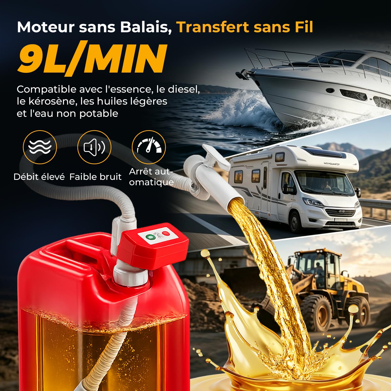 Pompe Essence Electrique, Pompe Carburant sans Fil, Arrêt Automatique | 9L/Min, 2000mAh Batterie Rechargeable, avec Pince Crocodile 12 V CC et Câble Allume-Cigare, pour Essence, Diesel, Huile