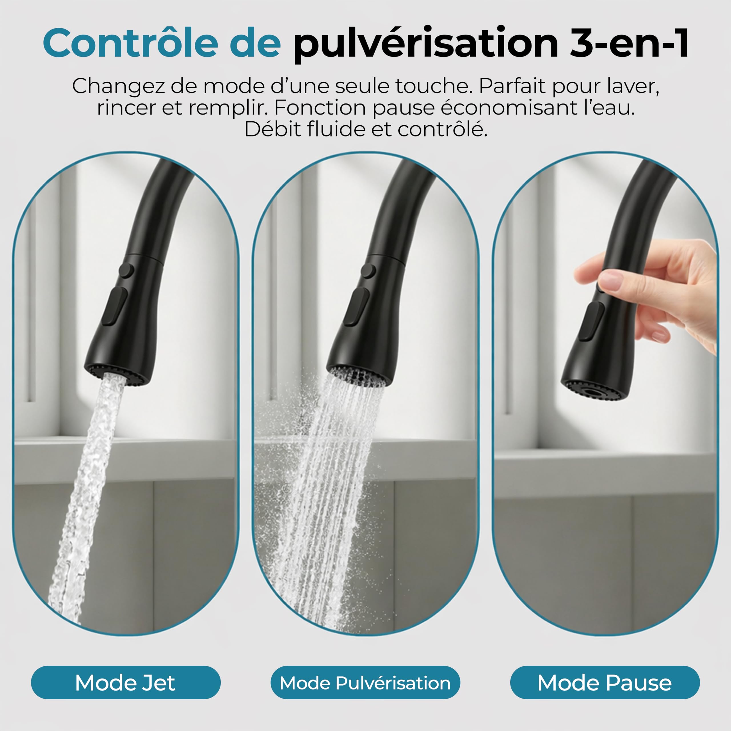 MELTA. Robinet Cuisine Douchette Extractible Pivotant 360° – Mitigeur Cuisine Évier Arc Élevé en Acier Inoxydable, Robinet Flexible avec 3 Modes Jet, Tête Pulvérisation Extractible (NOIR MAT) - 5