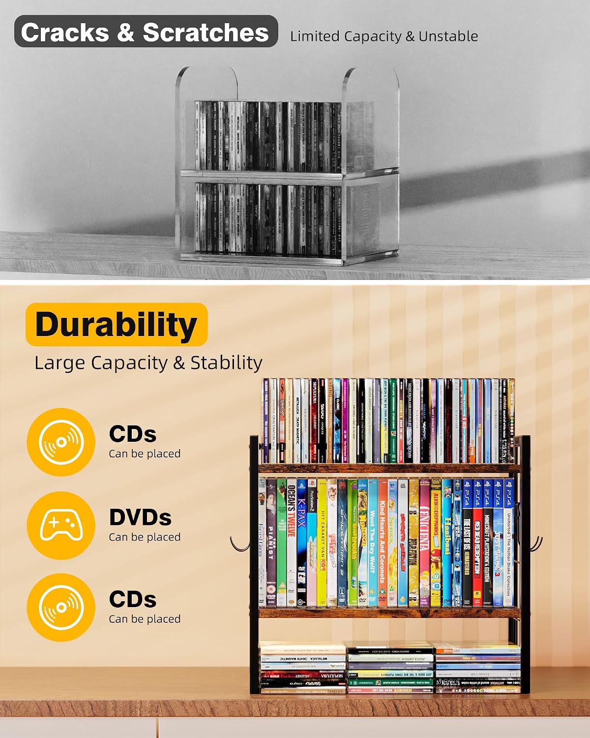 2-Tier CD Storage Rack, DVD Storage Display Rack with 4 Hooks