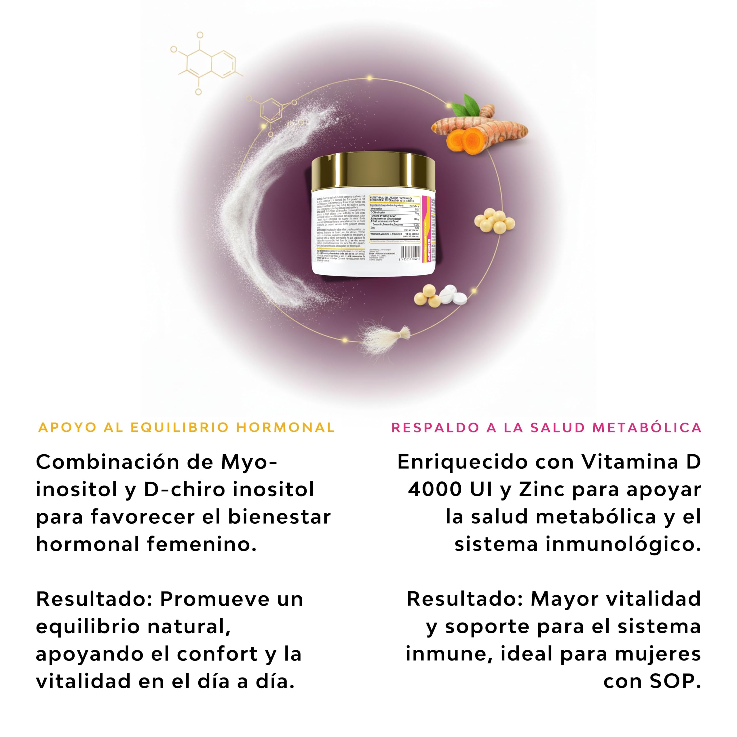 Inositol Myo & D-Chiro 3000mg – OvaPro Woman en Polvo con Vitamina D3, Zinc y Curcuma Cursol®, Equilibrio Hormonal Natural, Energía y Bienestar Femenino, Fórmula Suave para el Organismo (Sin sabor)