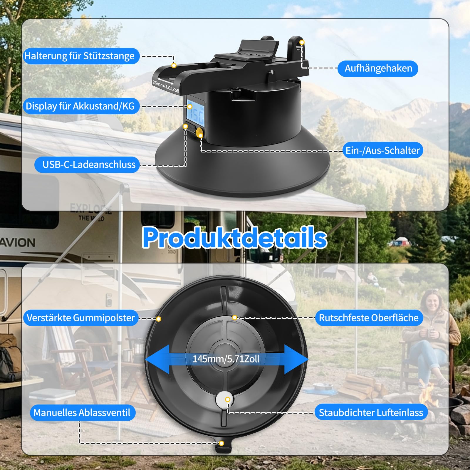 Akku Markisenhalterungen Wohnmobil,Max.150KG ,2 Stück Markisenhalter für Thule, Fiamma und DOMETIC Markisenfuss,Markisenfusshalter für Camper,Wohnwagen Zubehör, Saugnapfhalterung für Markisenfuß