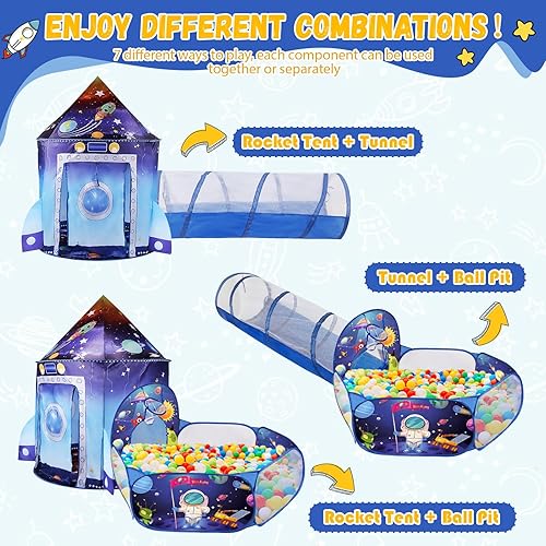 Miniatura 7 de Tienda de campaña 3 en 1 con túnel de bolas para niños, casa de juegos desplegable con temática espacial, para interiores y exteriores, juego de