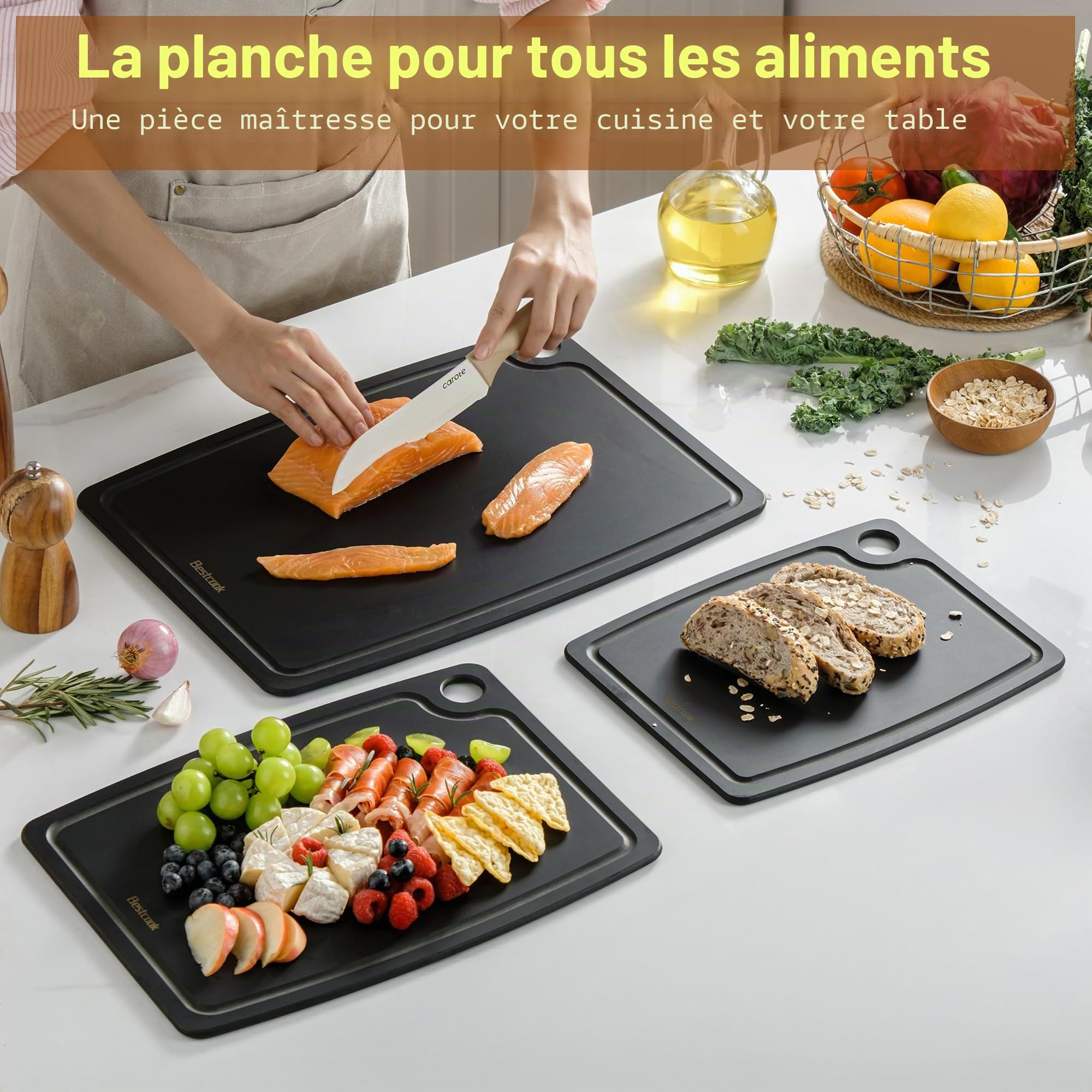 Planche à Découper en Fibres de Bois avec Rainure à Jus, Sans BPA, 30x23 cm | Lavable au Lave‑Vaisselle, Non Toxique, Non Poreuse, Antidérapant, Pour la Viande, les Légumes, les Fruits et le Pain