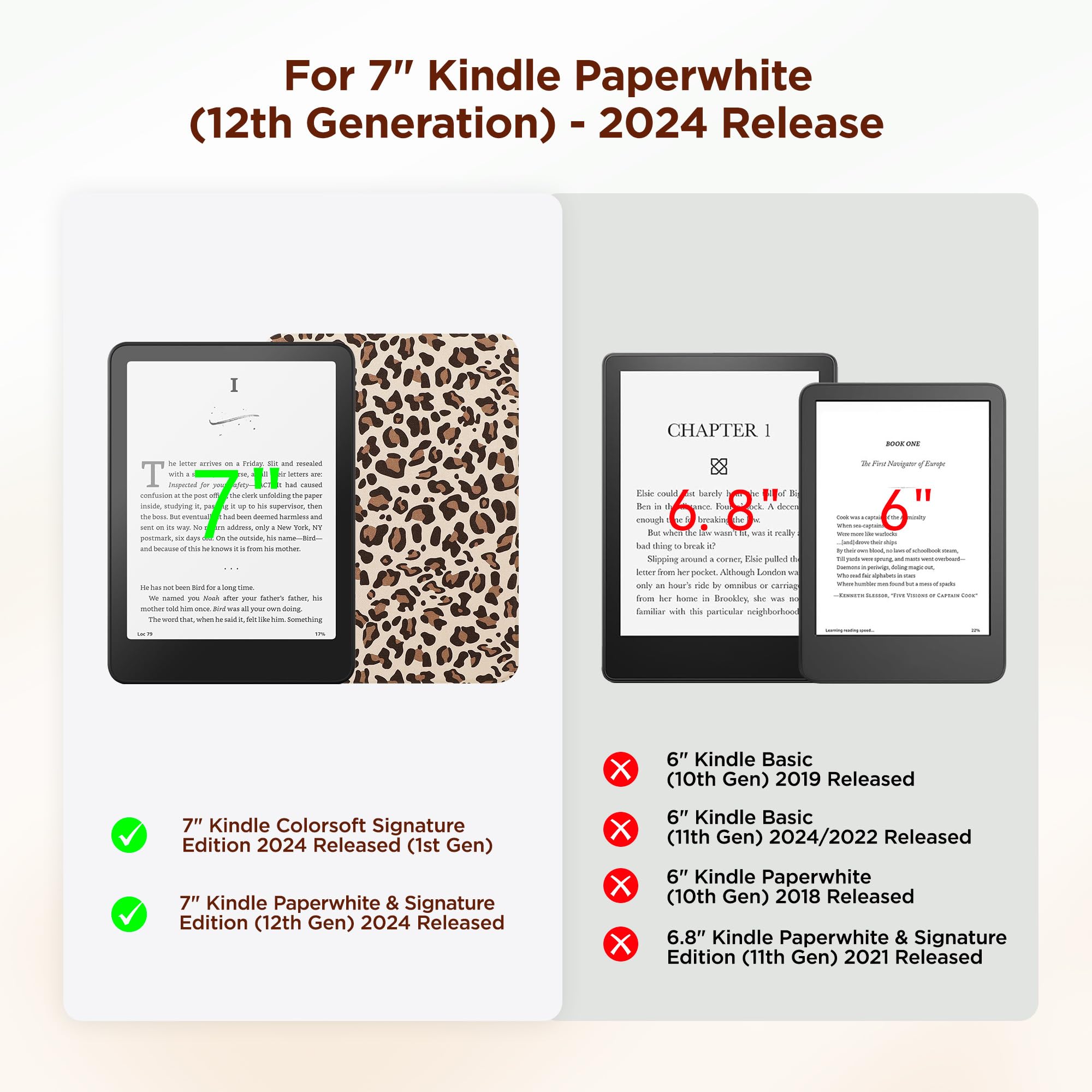 SESENSE Odłączane magnetyczne etui do Kindle Paperwhite 12. generacji 2024 i Kindle Colorsoft Signature Edition, smukłe etui z PU z automatycznym budzeniem/uśpieniem, lampart