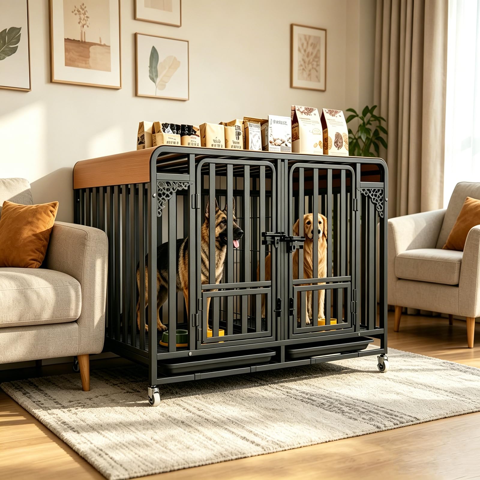 Hundekäfig Transportbox für schwere Lasten, Gitterbox große Hunde hochbelastbar Hundetransportbox mit 3 Türen, 4 Rollen und Bodenschale Hundetransportkäfig Hundebox (XXXL 140X94X108cm)