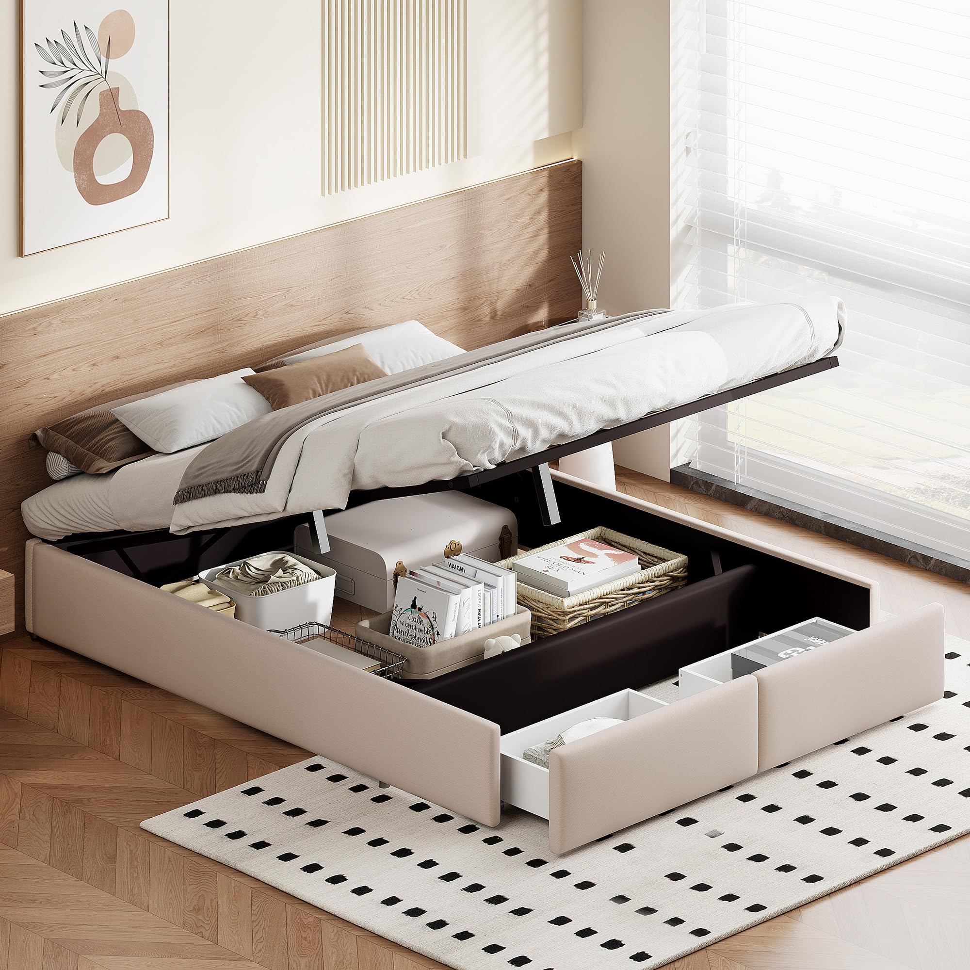Canapé Abatible 140 x 200 cm, Cama tapizada de almacenamiento, sin cabecero, Cama Matrimonio somier de láminas, cama con 2 cajones, cama juvenil, color beige lino (sin colchón) (beige, 160 × 200)