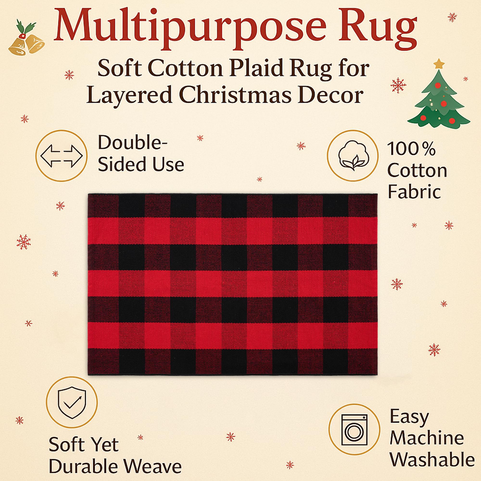 Juego combinado de felpudos de Navidad, tapete de bienvenida 100% fibra de coco + alfombra de cuadros rojos y negros de 28 x 43 pulgadas, tapete decorativo de Año Nuevo, colección de Navidad, para