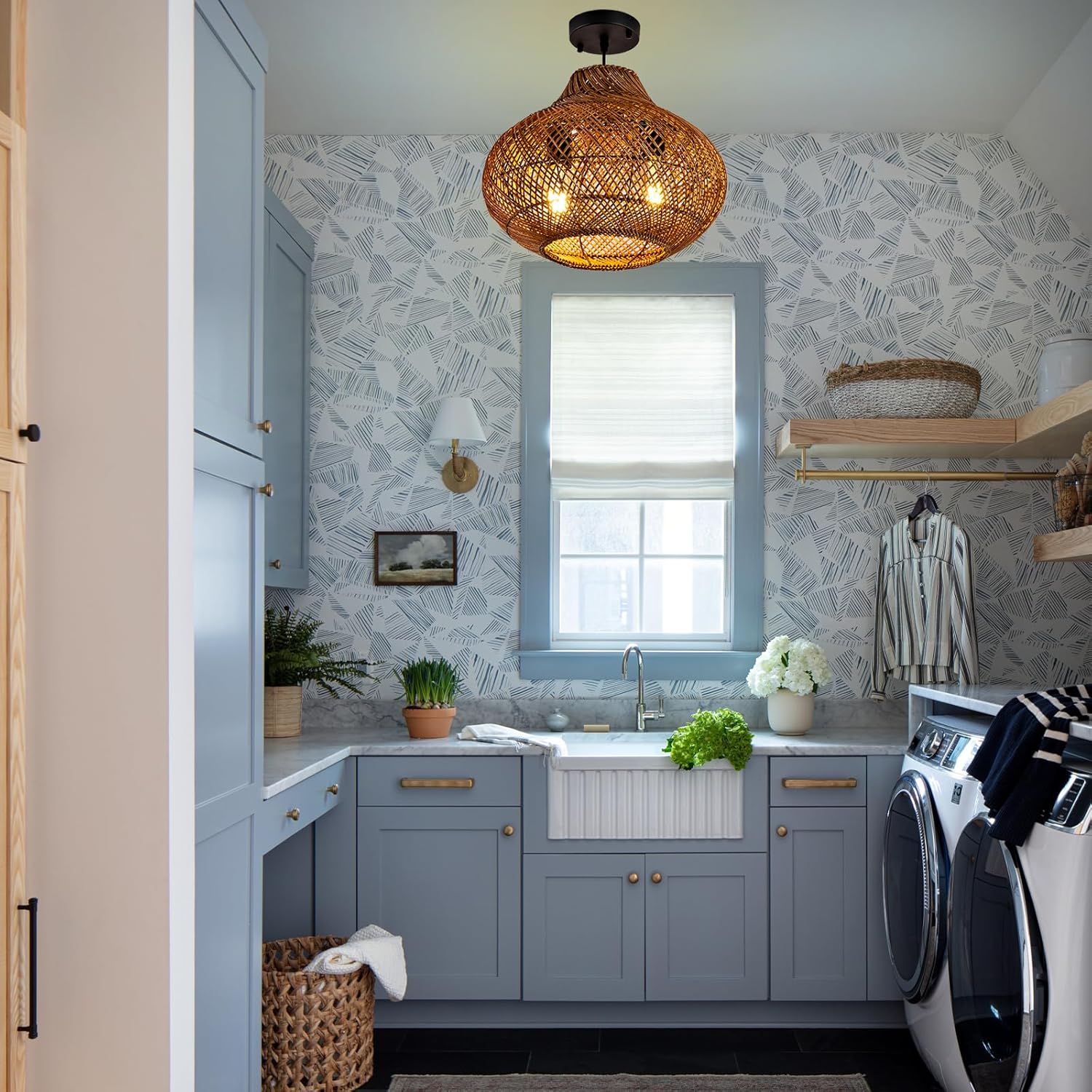 15in Rattan Light Fixture, 2-Light Wicker Woven Chandelier Rustic Pendant Lights Rattan Hanging Lamp for Kitchen Island Dining Room Yard Restaurant Garden Design