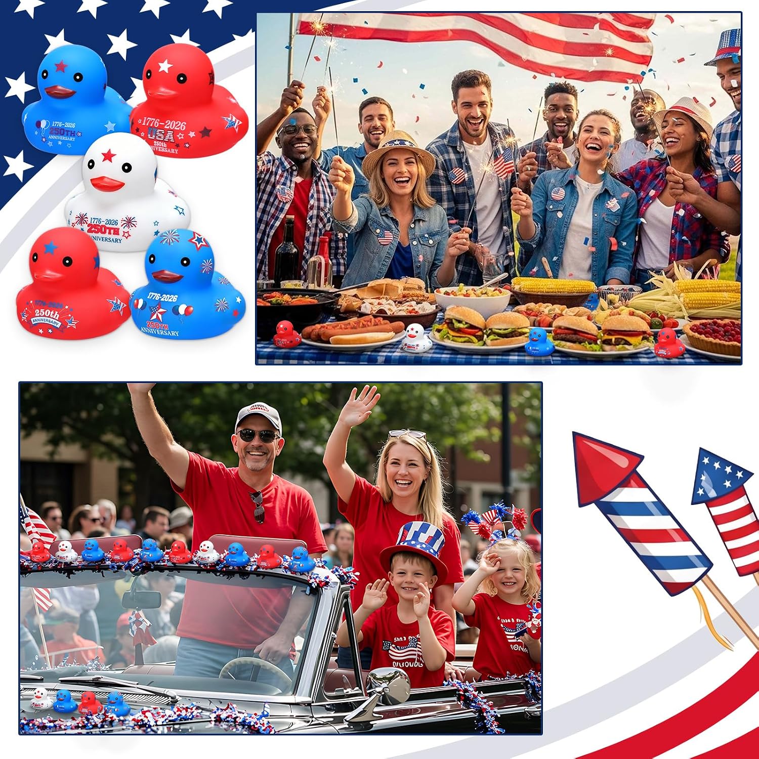 Foilswirl 50 Pcs 250th Anniversary Rubber Ducks Red White Blue Patriotic Mini Ducks Bulk Rubber Bath Supplies for USA 4th of July Memorial Day Independence Day Party Decor