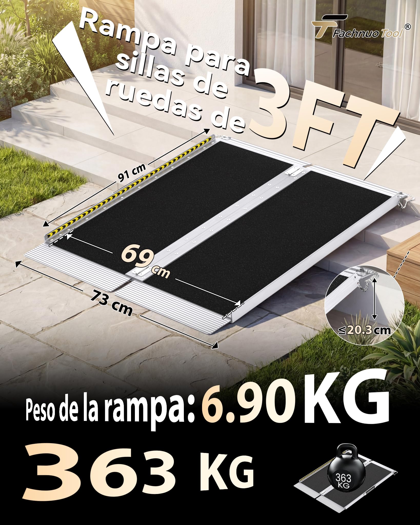 FACHNUO Rampa de 91 cm para silla de ruedas para escalones en el hogar, capacidad de carga de 363 kg, rampa de umbral plegable portátil para puertas con base autoajustable, rampa de aluminio
