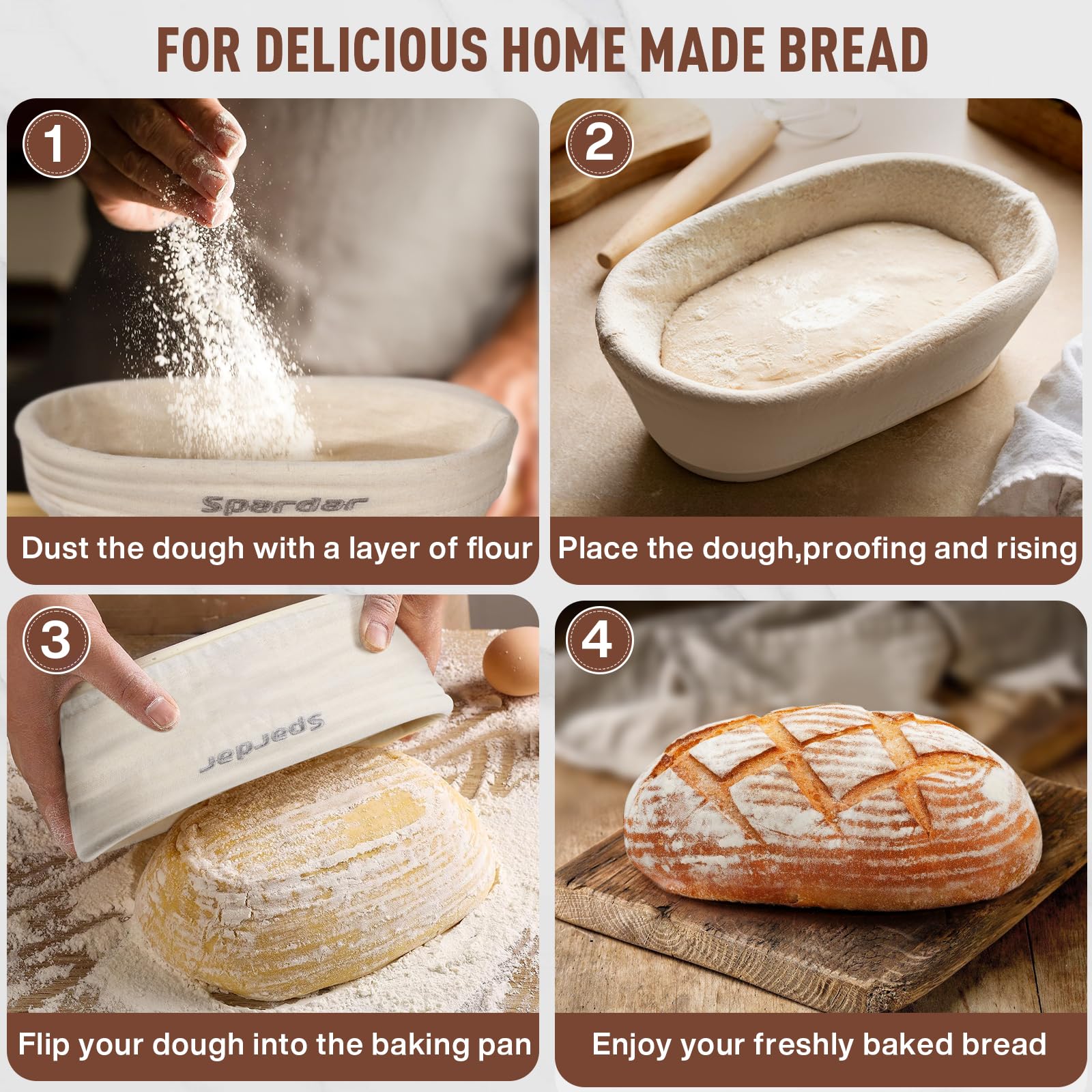 Complete set voor het maken van zuurdesem brood met ovale en ronde manden, inclusief