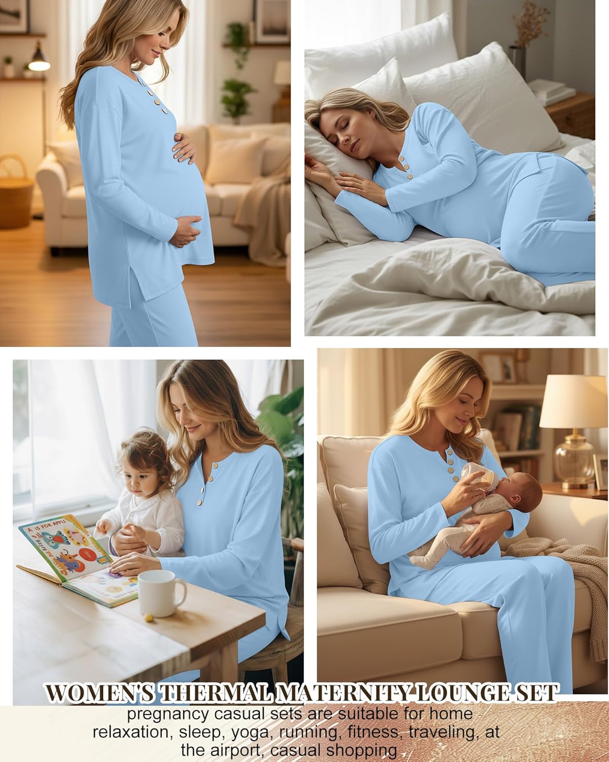 2 Piece Thermal Maternity Lounge Set Postpartum Pregnancy Fleece Loungewear Long Sleeve Top and Wide Leg Pant - Image 3