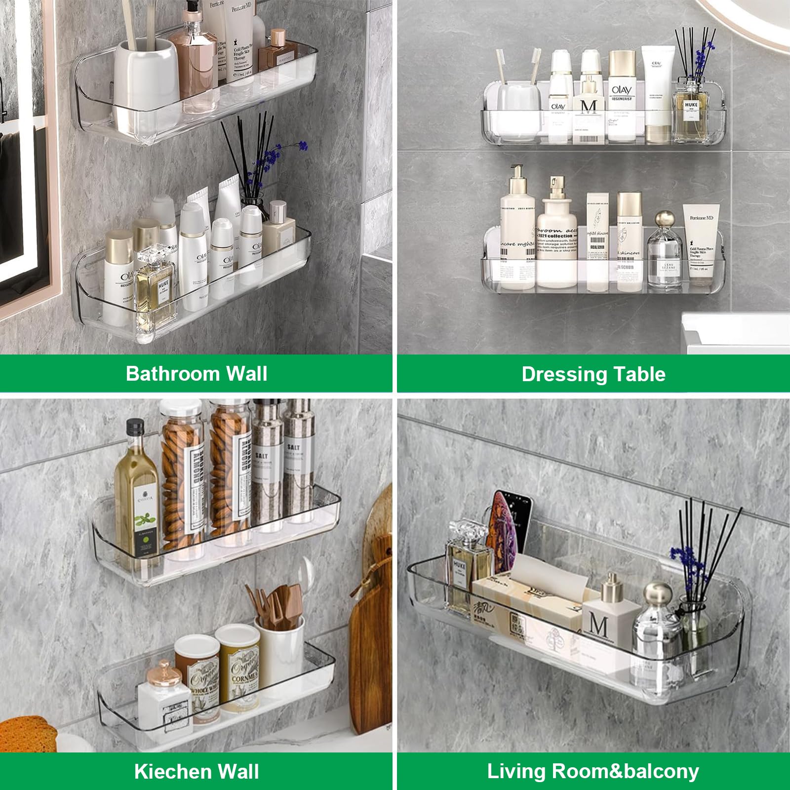 CGBE Mensola per Doccia Senza Foratura, Confezione da 2 Mensole per Bagno, Cestini per Doccia, Mensole per Bagno in Plastica Autoadesive con Montaggio a Parete per Bagno e Cucina.(Clear, Large*2)