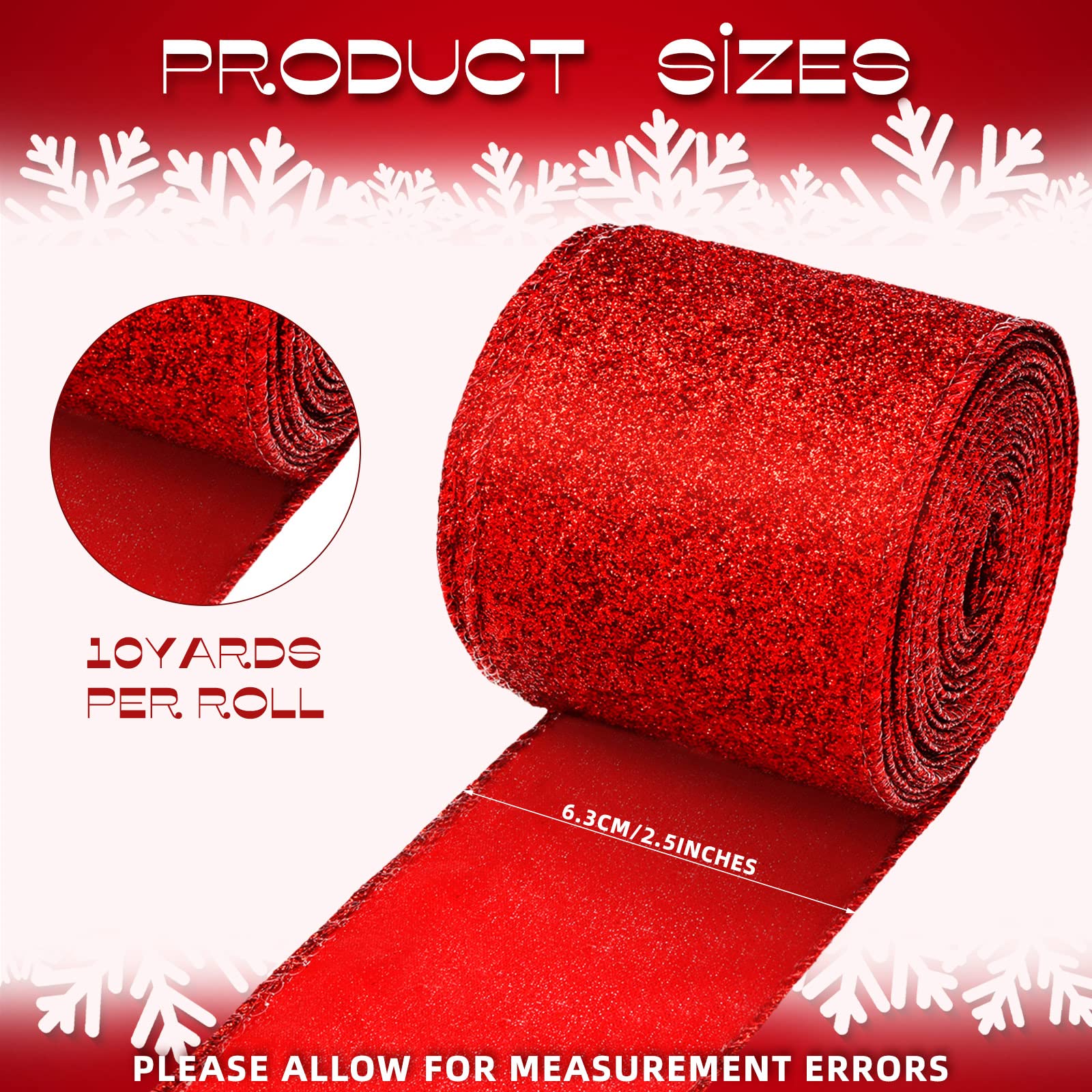 2 Rollen 20 Yards Weihnachtsband Metallic Glitzerband Drahtrand dekorative Stoffbänder für Party Verpacken Heimdekorationen Hochzeit Geburtstag DIY Handwerk 6,3 cm (rot)