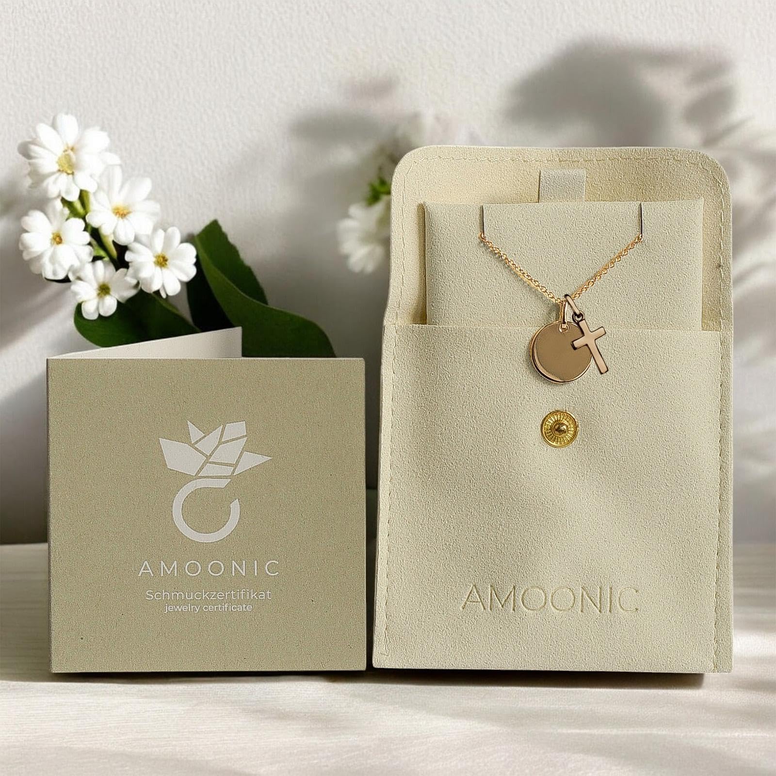 Amoonìc Taufkette mit Kreuz | Personalisierte Kette für Mädchen Jungen Baby Kinder mit Gravur Namen | Geschenk zur Taufe und Kommunion Taufgeschenk Patenkind | Kinderkette Namenskette.