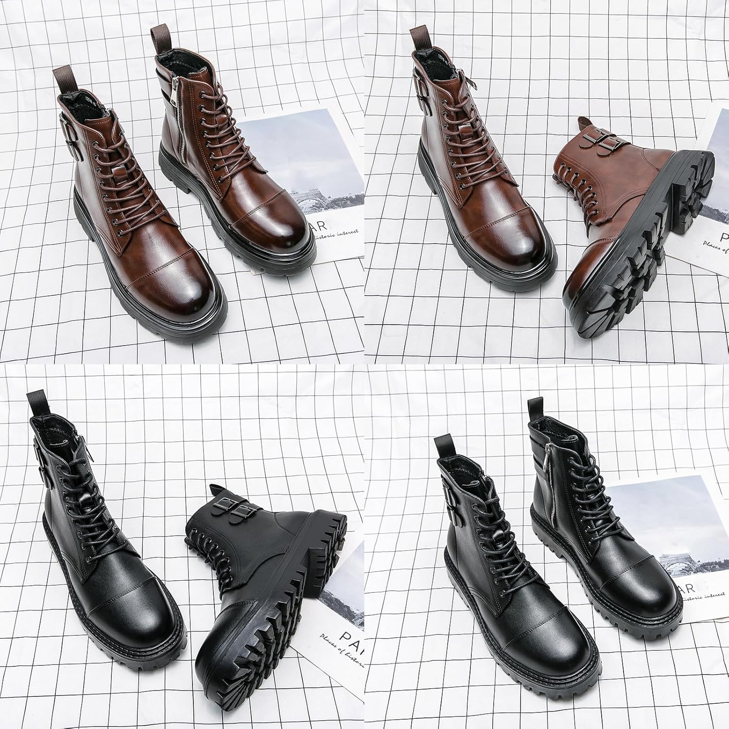 Men's Leather Platform Motorcycle Boots with Side Zipper Fashion Chunky Lug Sole Lace Up Combat Boots Casual Waterproof Biker Boots