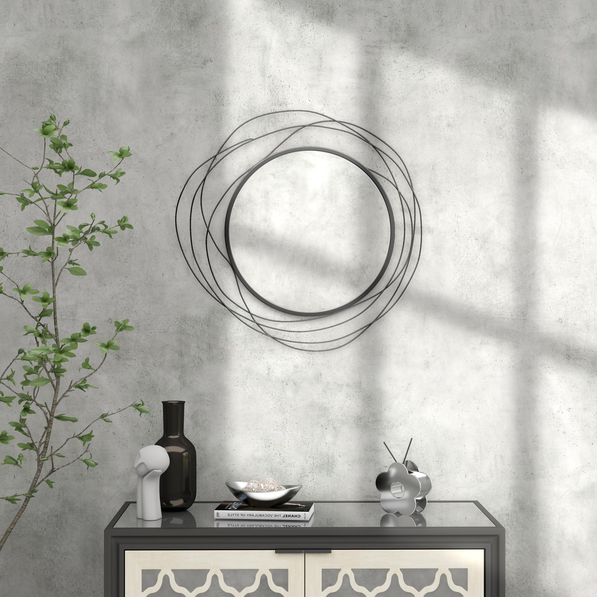 HOMCOM Miroir Rond en Métal Filaire Noir, Décoration Murale Ø65 cm