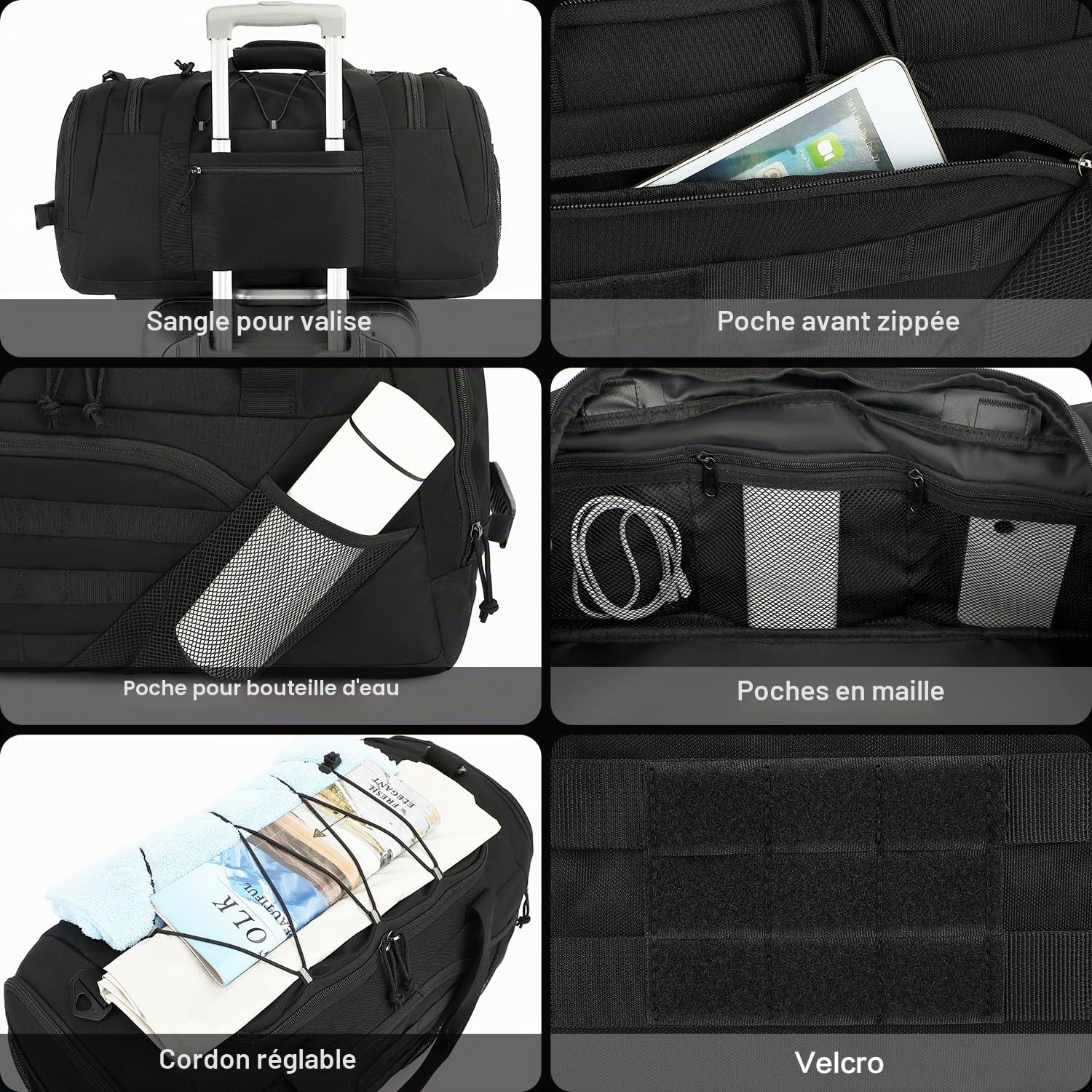 Sac de Sport Homme 45L Sac à Dos de Voyage Weekend avec Compartiment à Chaussures et Poche Humide Sac Fitness Tactique pour Camping Gym Boxe Noir