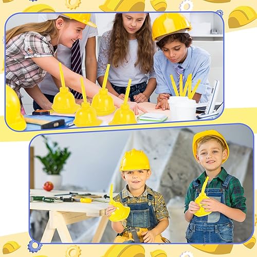 Miniatura 5 de Juego de 12 tazas de sombrero de construcción con popote y tapas 10 onzas reutilizables para niños de plástico amarillo para fiestas suministros
