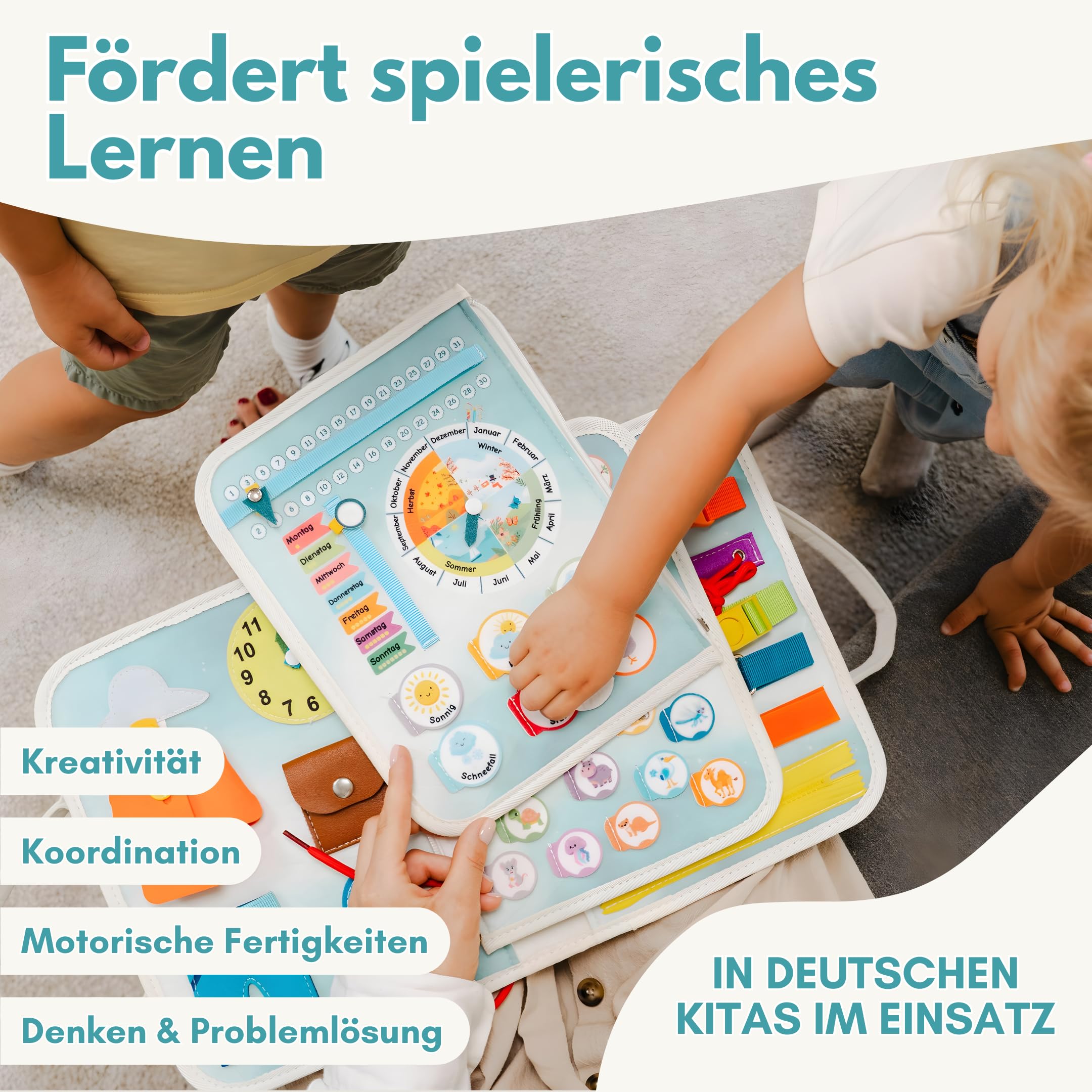Lion’s Collection Montessori Busy Board Deutsch ab 3 Jahre – Busy Book & Activity Board für Kinder – Motorikbuch & Lernbuch – Reisespielzeug für Auto, Zug & Flugzeug