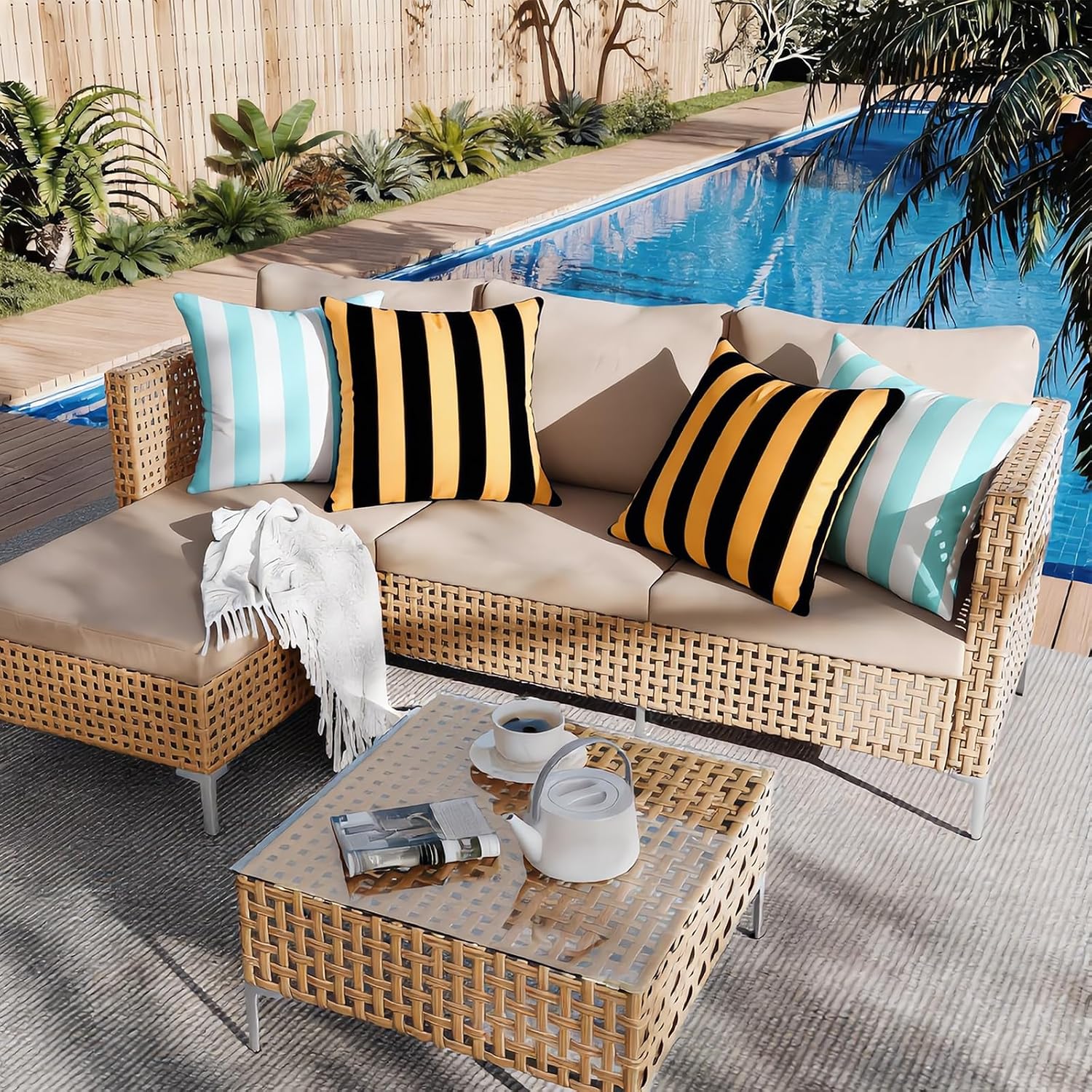 Outdoor Waterproof Throw Pillow Covers Pack of 2 Decorative Striped Cushion Cases Modern Farmhouse Sunbrella Cushion Covers for Patio Furniture Couch Balcony Garden Bench,18x18 inch Blue