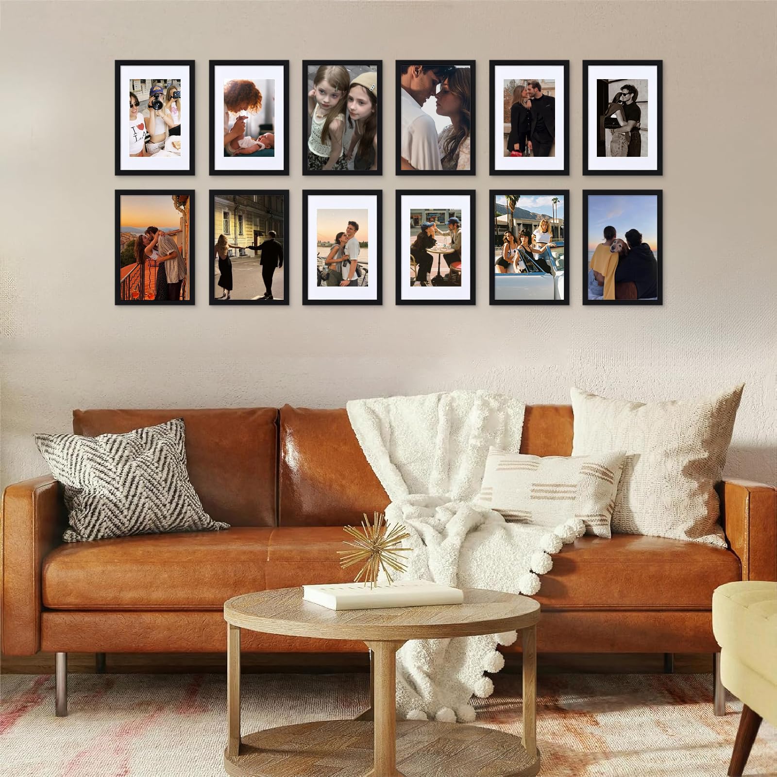 Ramka na zdjęcia 21 x 29,7 cm, zestaw 12 ramek na zdjęcia z passe-partout, drewniana ramka na dokumenty, stabilna drewniana ramka MDF ze szkłem akrylowym, czarna