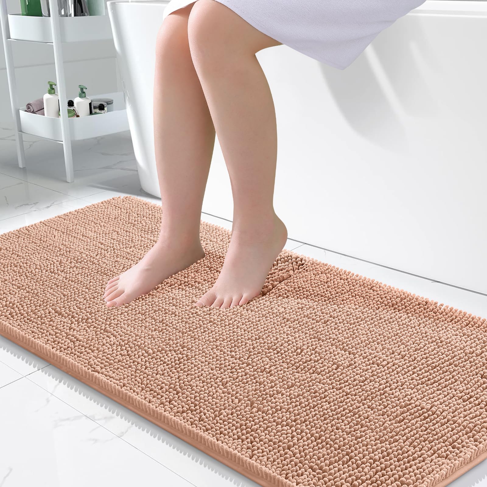 OLANLY Bathroom Runner Rugs 47x24, Extra Soft Absorbent Chenille Bath Rugs | Peach, Quick-Drying Rubber Backing, Machine Washable Long Bath Mat for Bathroom Floor, Tub and Shower, Home Decor Accessories