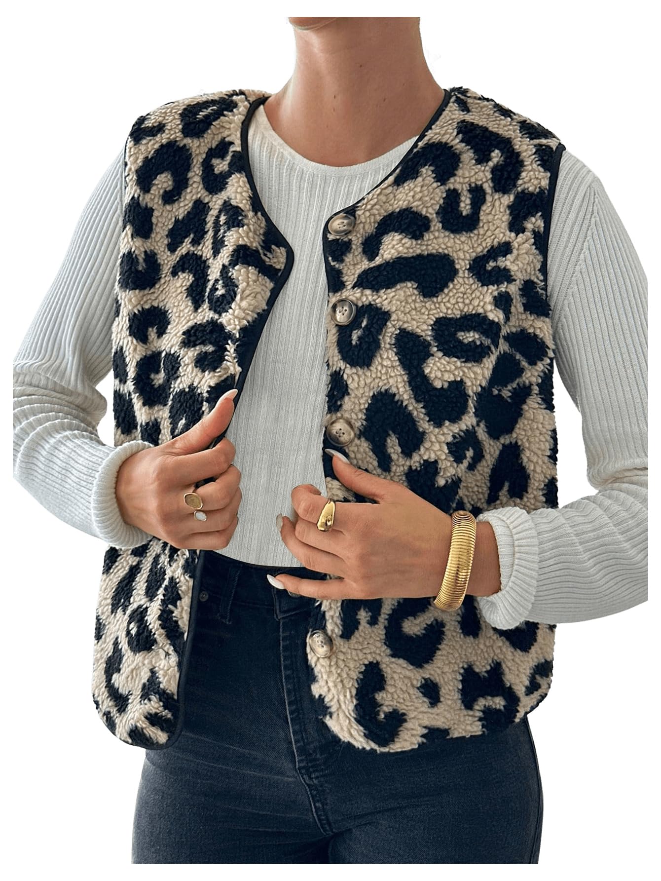 GORGLITTER Gilet sans manches pour femme - Léger - Léo - Veste en polaire - Avec boutons - Pour l'automne et l'hiver